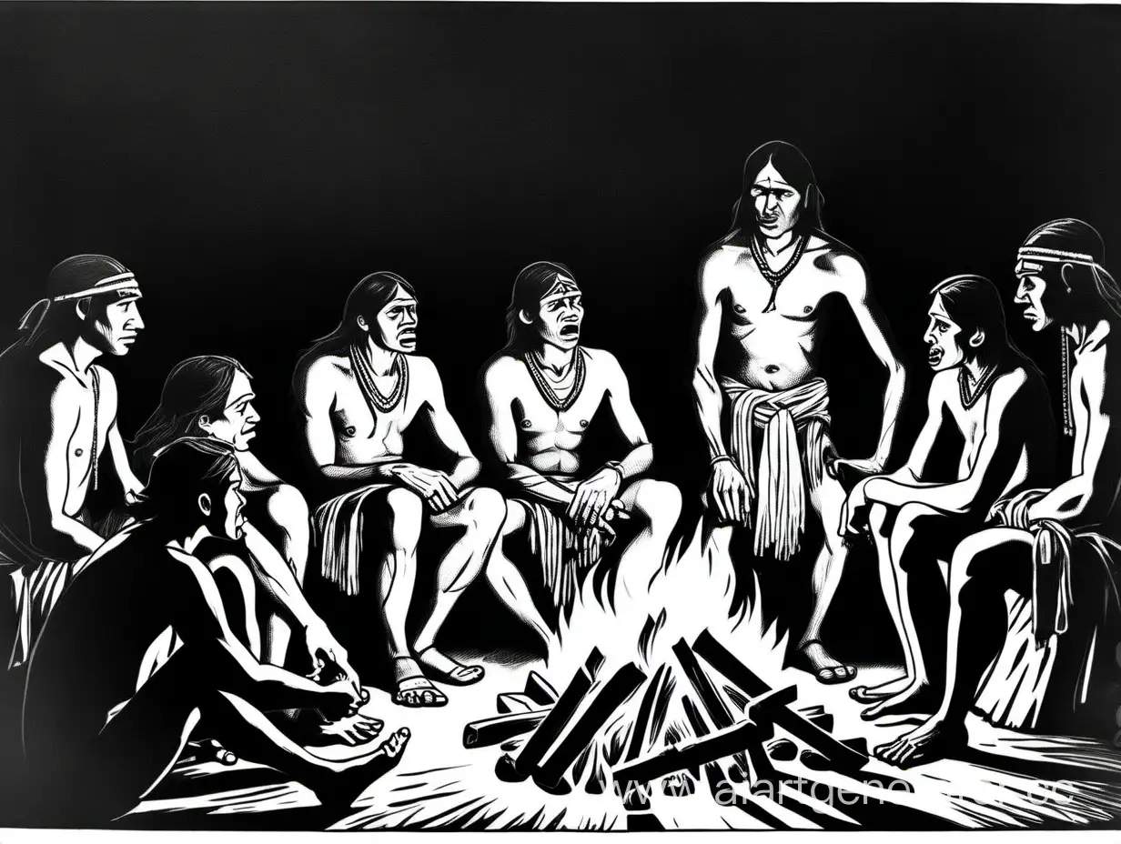 A California Indian tells a sad story to a group of young peasants in loincloths sitting around a fire in the darkness of the night. PEOPLE'S MOUTHS ARE CLOSED.