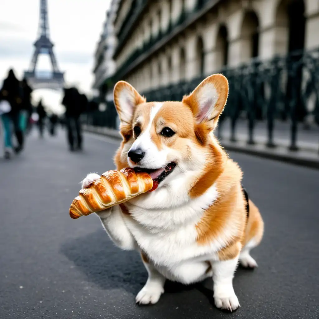 Corgi Enjoying a Parisian Croissant