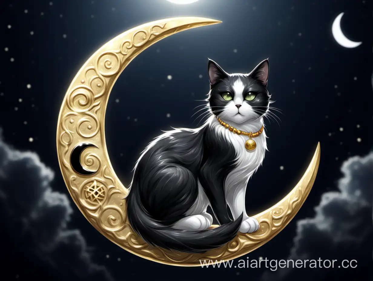 Mystical-Black-and-White-Cat-Resting-Beside-Moon-on-Lunar-Amulet