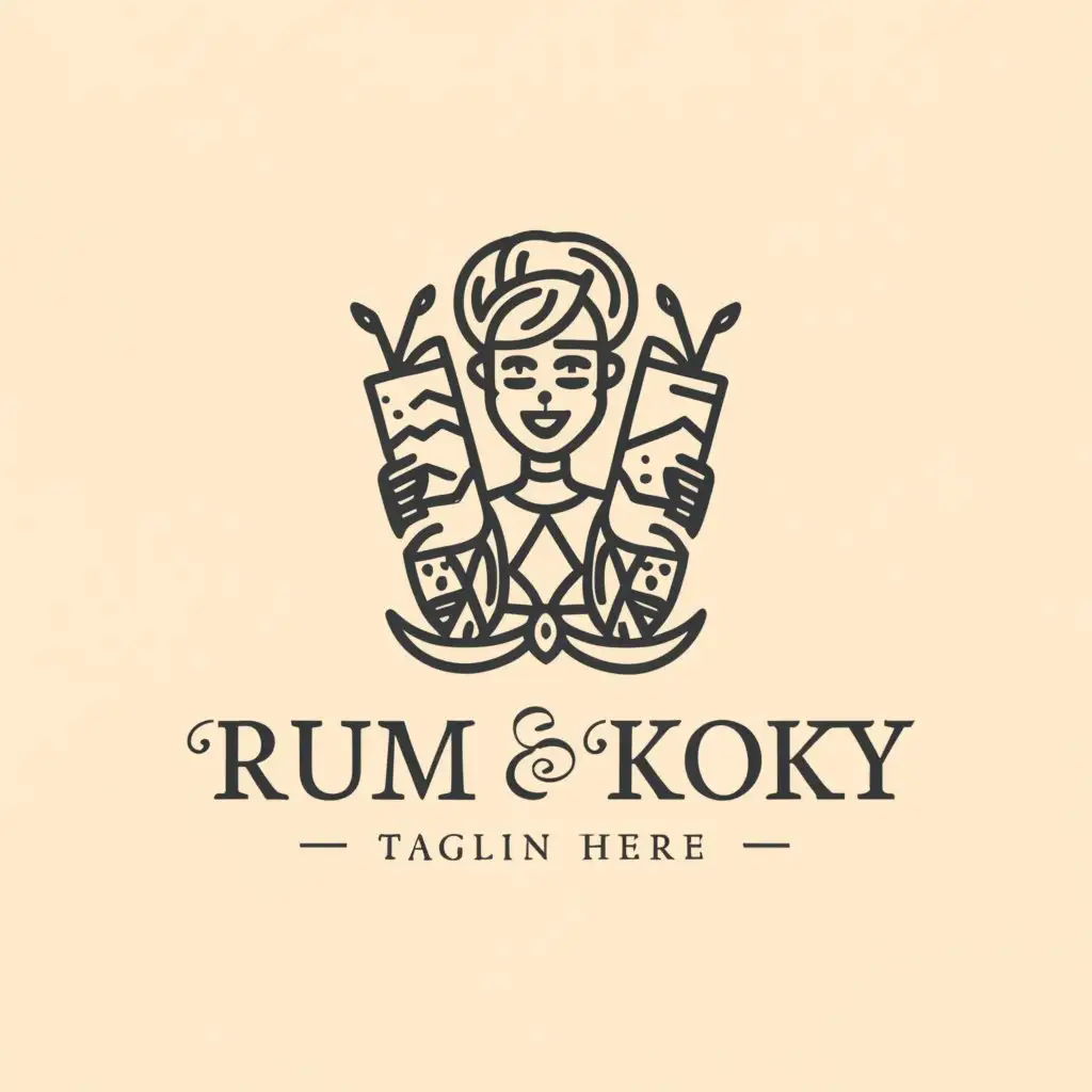 a logo design,with the text 'RUM AND KOKY', main symbol:tropical cocktails female bartender monochrome elegant,Minimalistic,clear background 