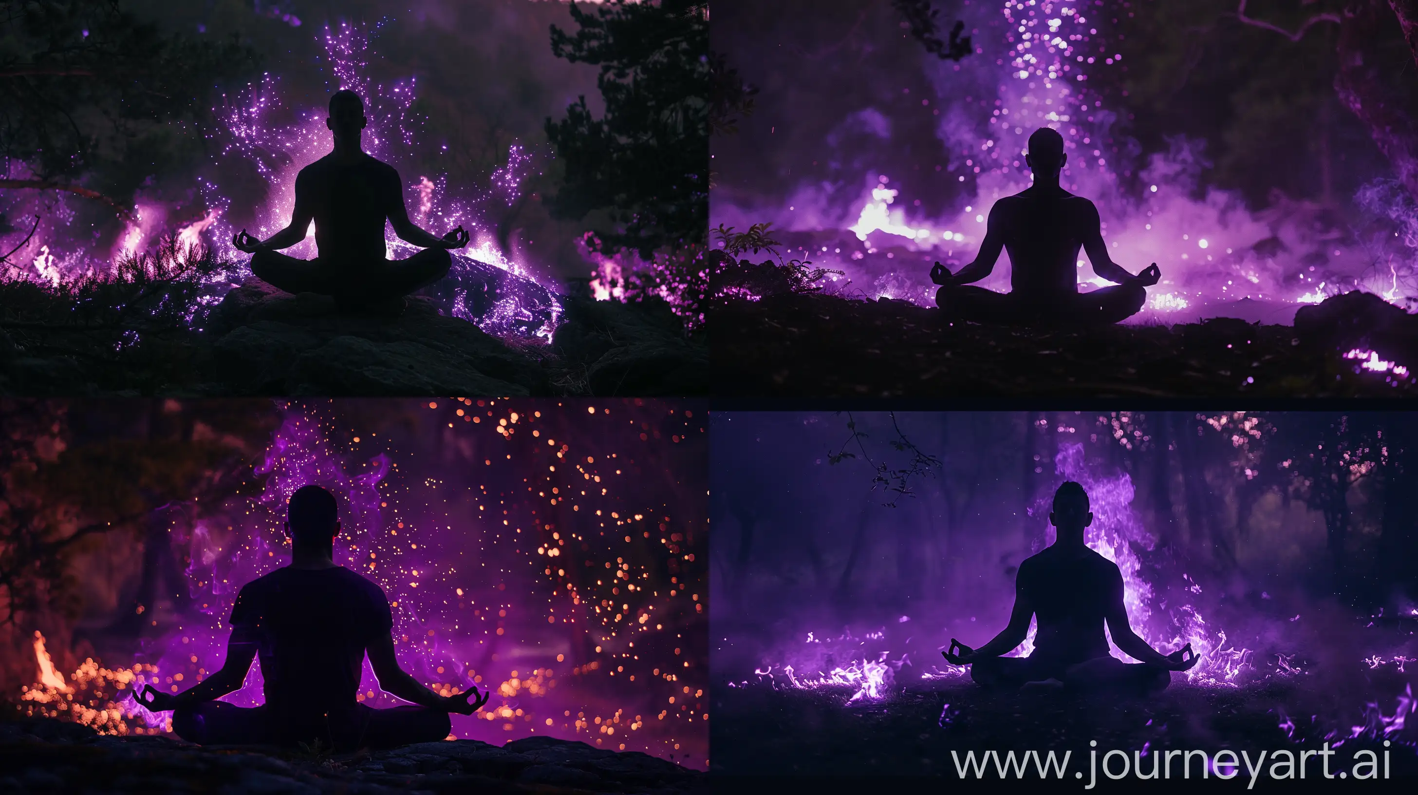 cinematic,a silhouette of a man meditating, violet fire all around him, in the nature at night, canon k35 prime lenses, 70mm, --ar 16:9 --style raw