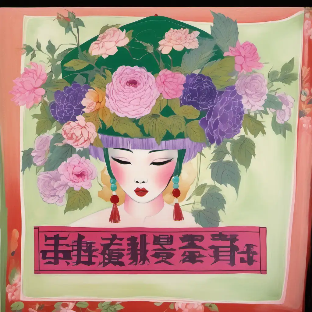 Asian lady with pink hair and large Green chinoiserie hat,  vintage floral vase of roses, dahlias 