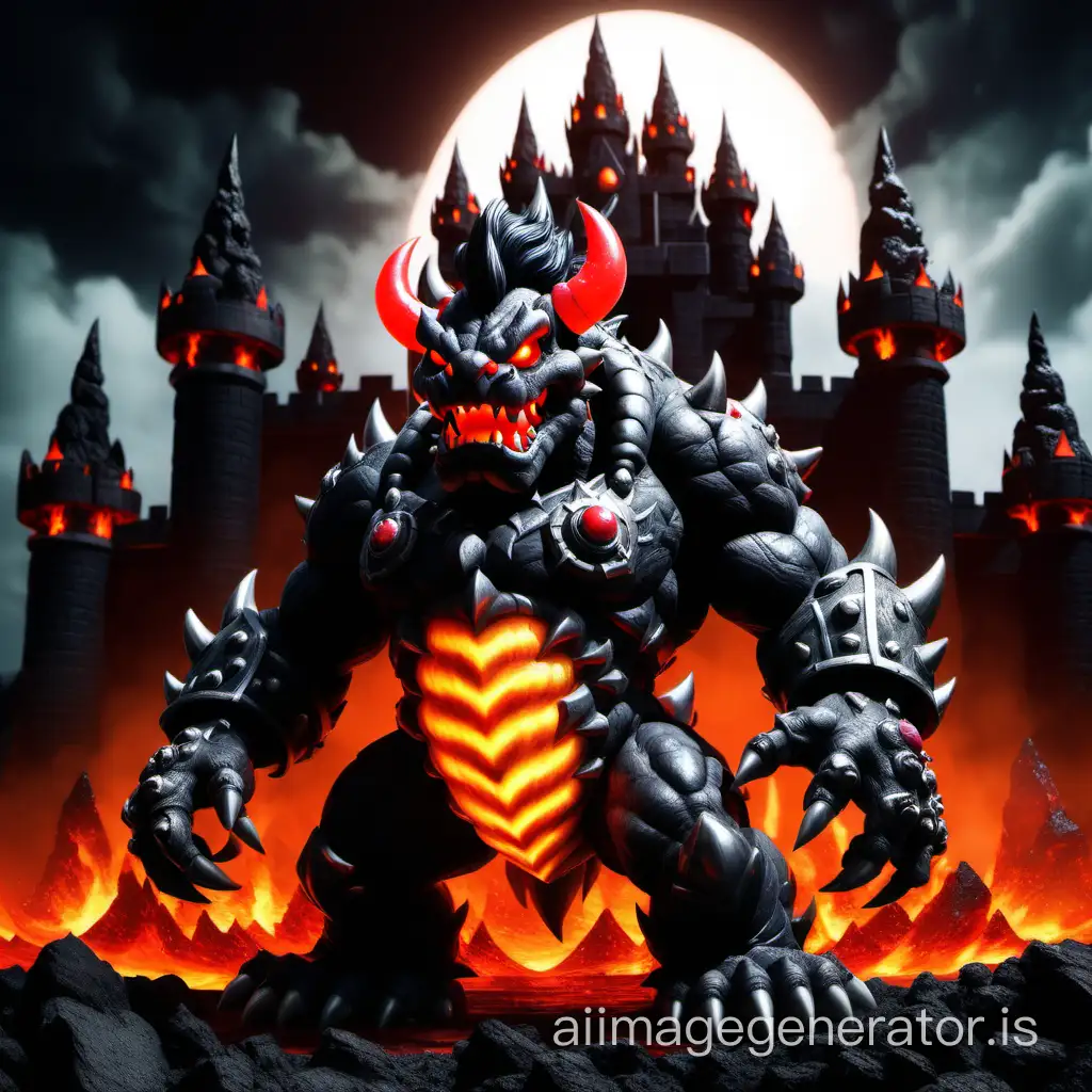 black metal bowser with glowing red eyes and glowing red claws, standing in front his castle with lava moat