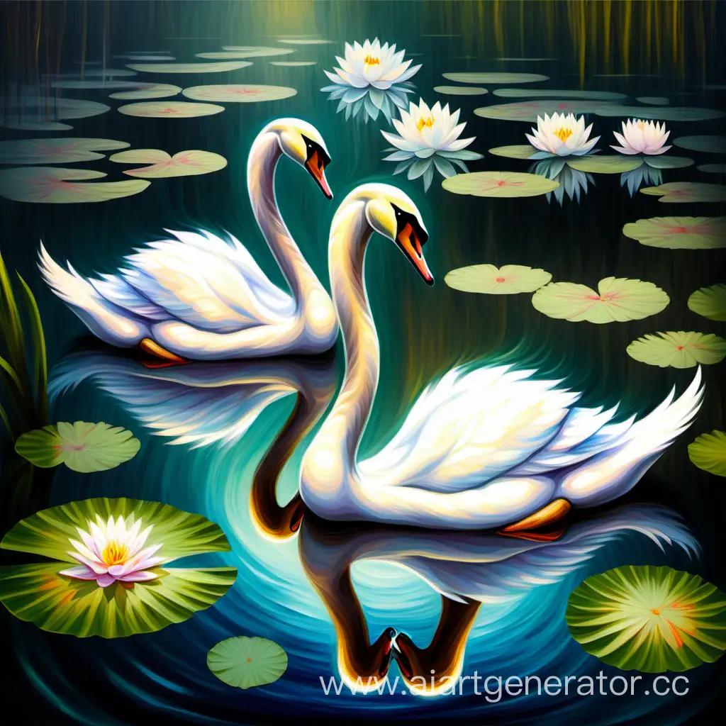 Graceful-Swans-Surrounded-by-Water-Lilies-in-Oil-Painting-Style