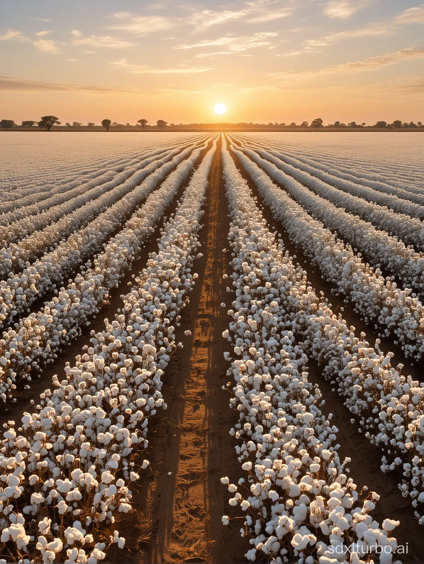 Visualize a scene of cotton harvesting where a vast field stretches out, with endless rows of white plants disappearing into the horizon. The setting sun gently gilds the soft plumes, creating a visual spectacle of serene and tranquil beauty. Each cotton plant stands tall and proud, its fluffy white bolls swaying gently in the breeze. The distant horizon seems to beckon, inviting you to wander into the endless expanse of the field. As the golden light of sunset bathes the landscape, casting long shadows across the rows of cotton, a sense of peace washes over you, as if time itself has slowed down to savor the moment. It's a scene of simple yet profound beauty, reminiscent of the quiet majesty of rural landscapes captured by artists like Andrew Wyeth, who found inspiration in the simplicity of everyday life.