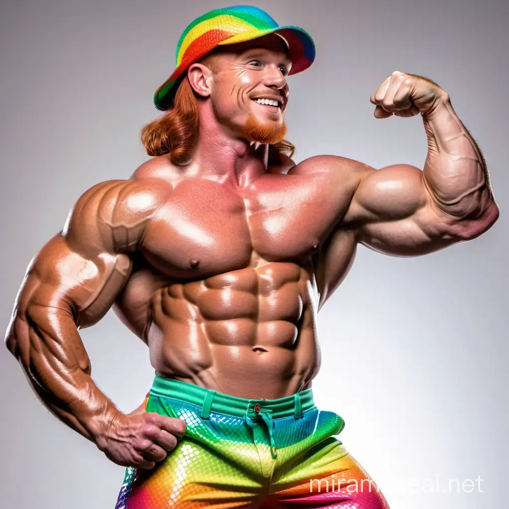 Topless Beefy Redhead IFBB Bodybuilder wearing unbuttoned crocodile skin vest rainbow short pants authentic Australian hat Flexing his very big strong arm