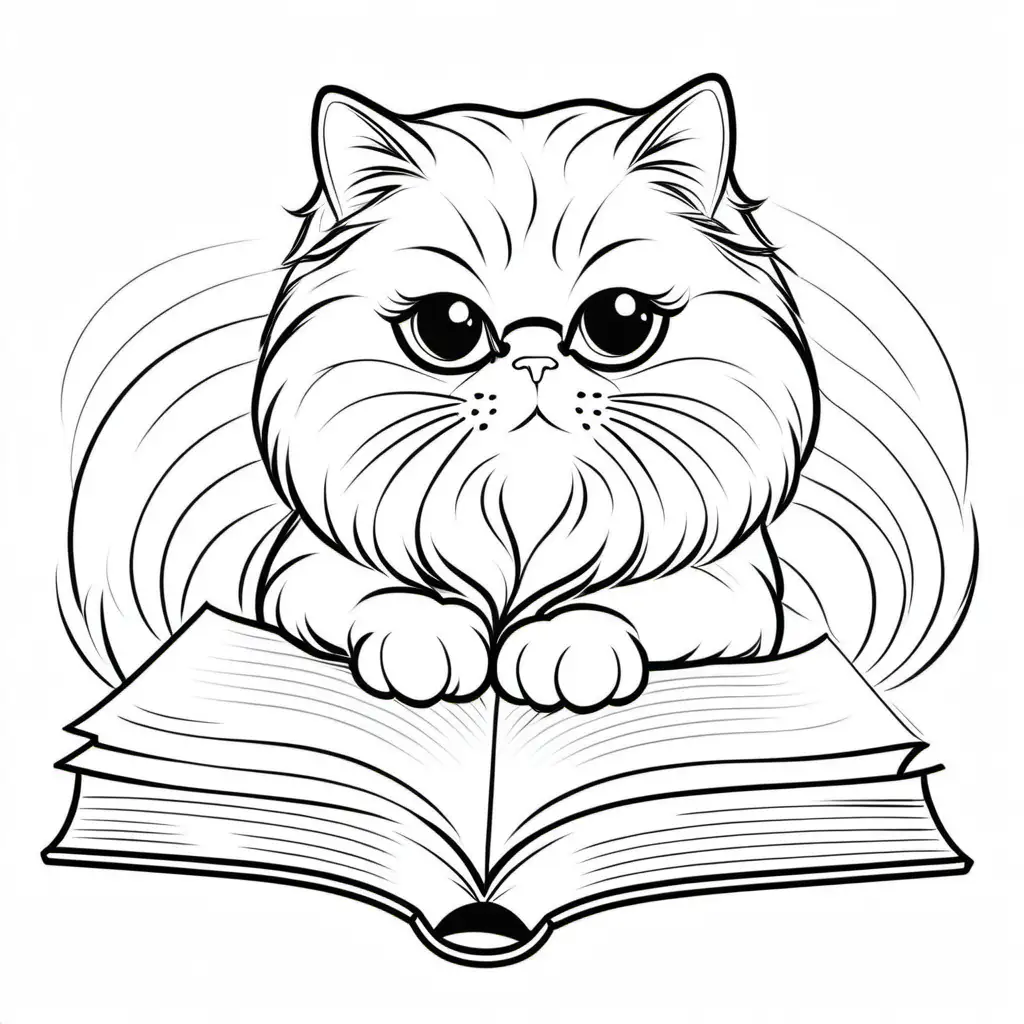 A Persian cat reading a book . It should be  suitable for a child's coloring page. thick lines, no  color, no shading and low detail. Make sure the dogs have only four legs each. Ar 9-11