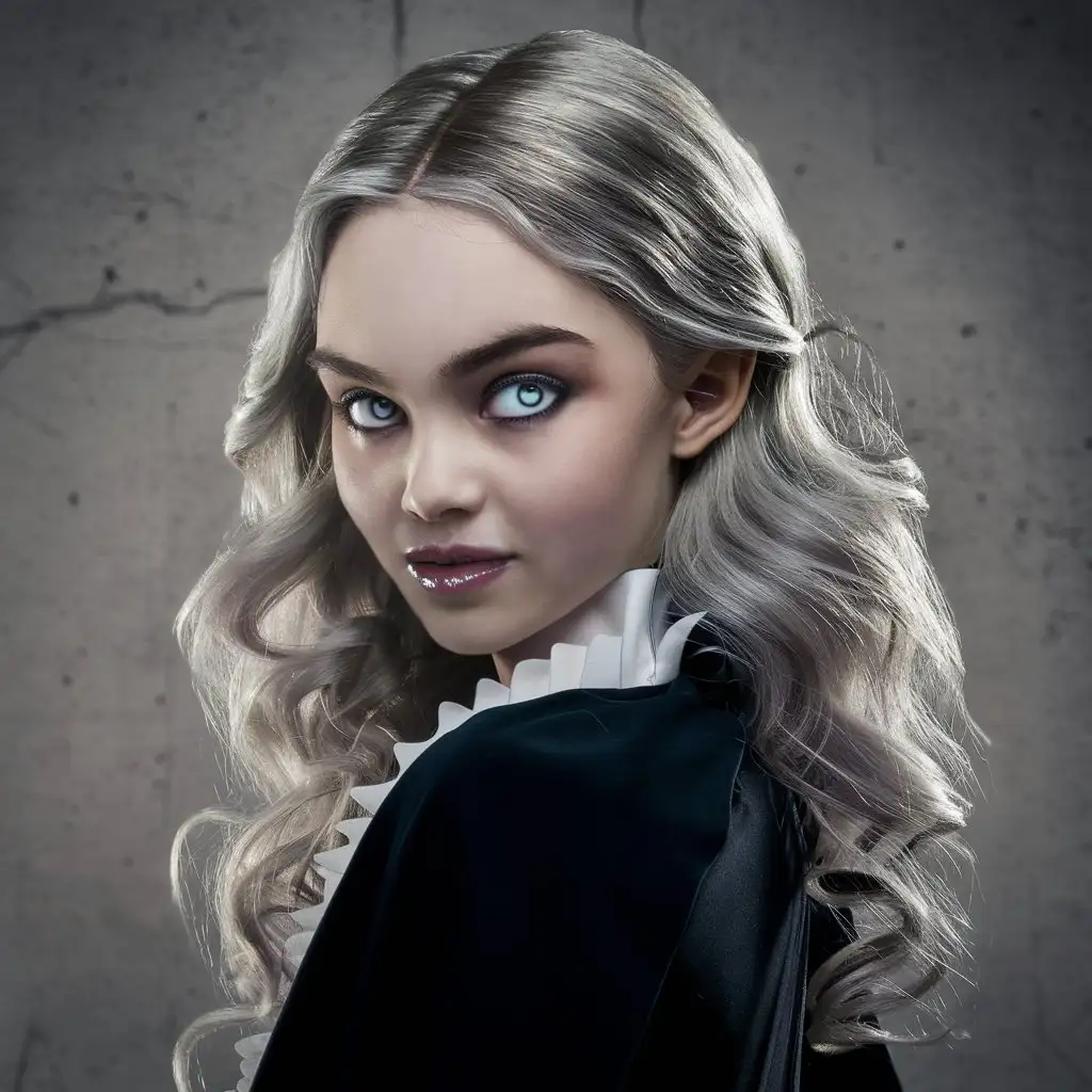 cute attractive young woman vampire with realistic features. narrow sharp eyes. seductive look. long wavy blond hair. wearing glossy light pink lipstick. glowing ice blue pupils and dark black eye shadow. grey background, texture, studio lighting, natural lighting, high contrast, studio photo, photorealistic, realistic, ultra-high detail, sharp focus, 8k