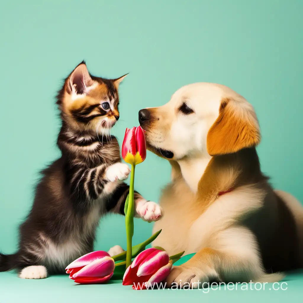 Adorable-Kitten-Presents-Tulips-to-Friendly-Dog