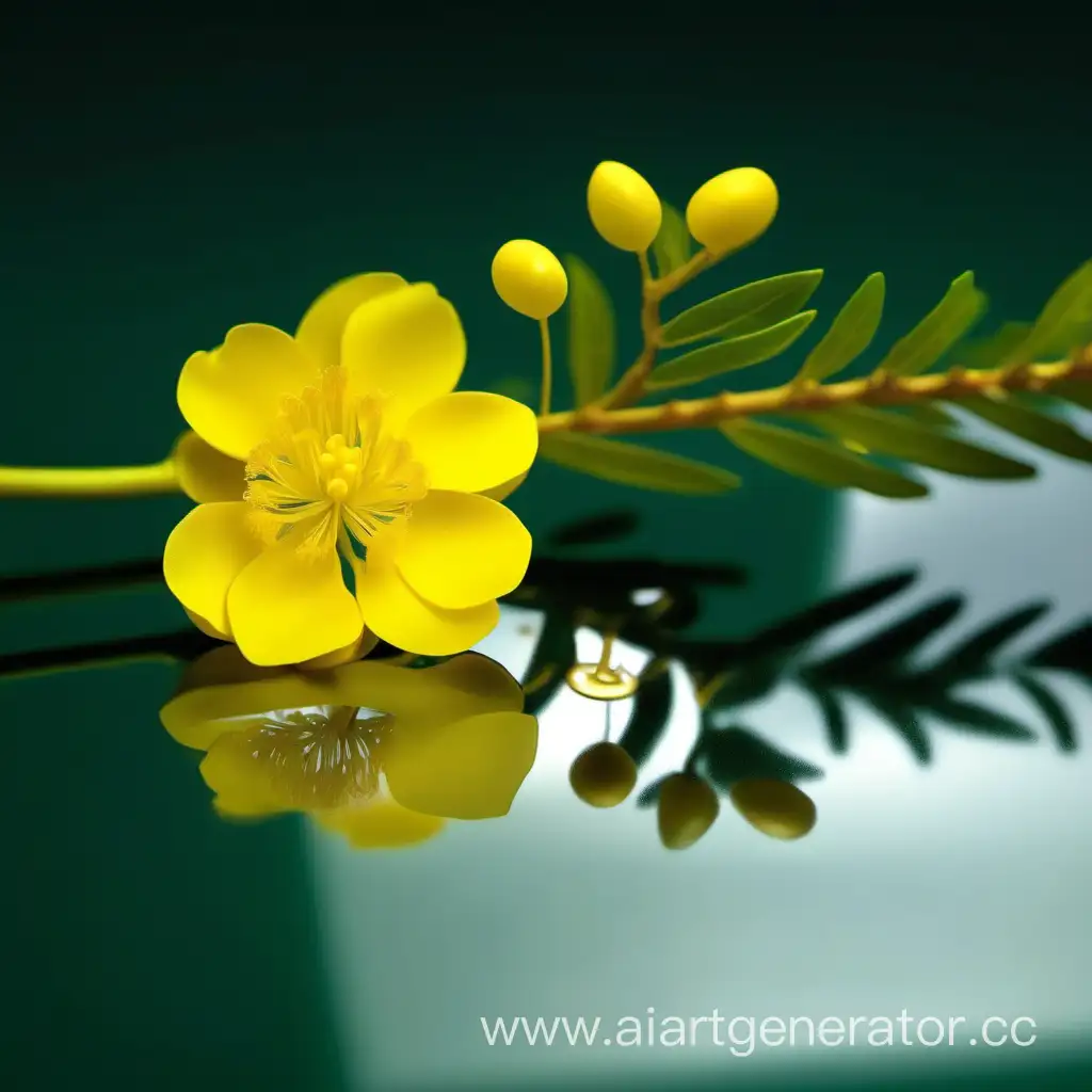 Acacia yellow flower close up 8k on dark green laying on mirror glass background