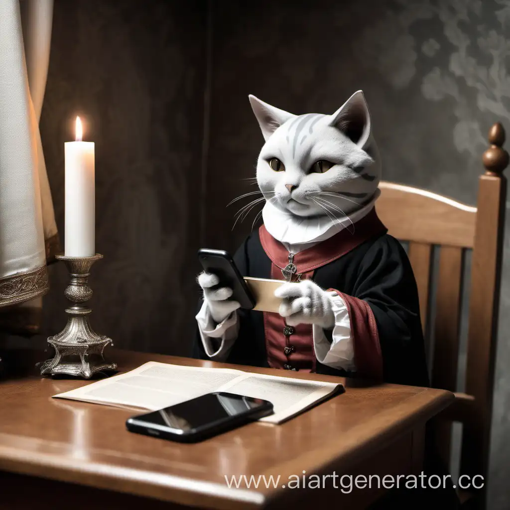 Кошка сидит в комнате в григорианском стиле, держит в руках смартфон и пишет сообщение 