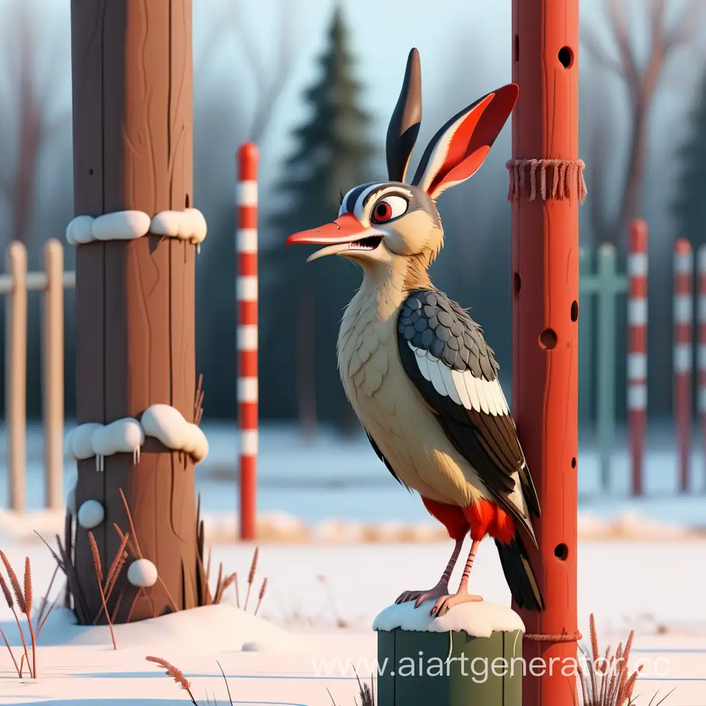 Дятел с головой зайца пограничник, стоит зимой на границе у столба и грустит