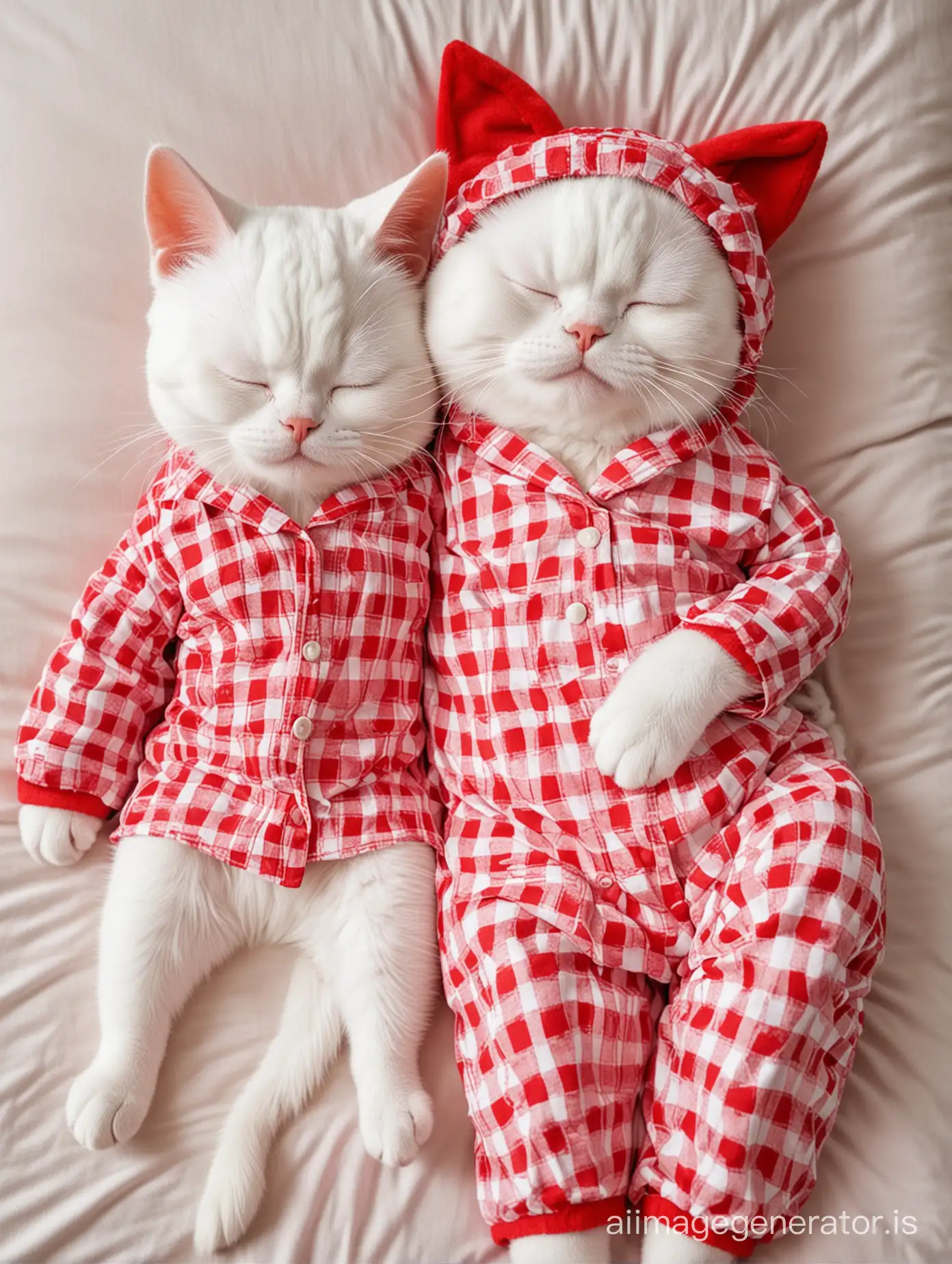 A crazy red anthropomorphic cat in pajamas shakes a sleeping white anthropomorphic cat