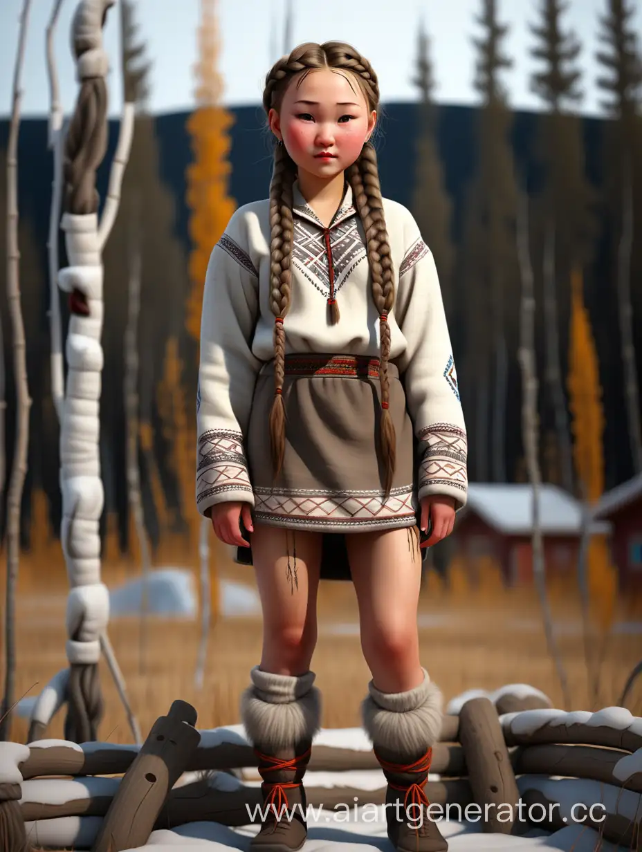 Девушка якутка с косичками и голыми коленями и длинными рукавами, полный рост