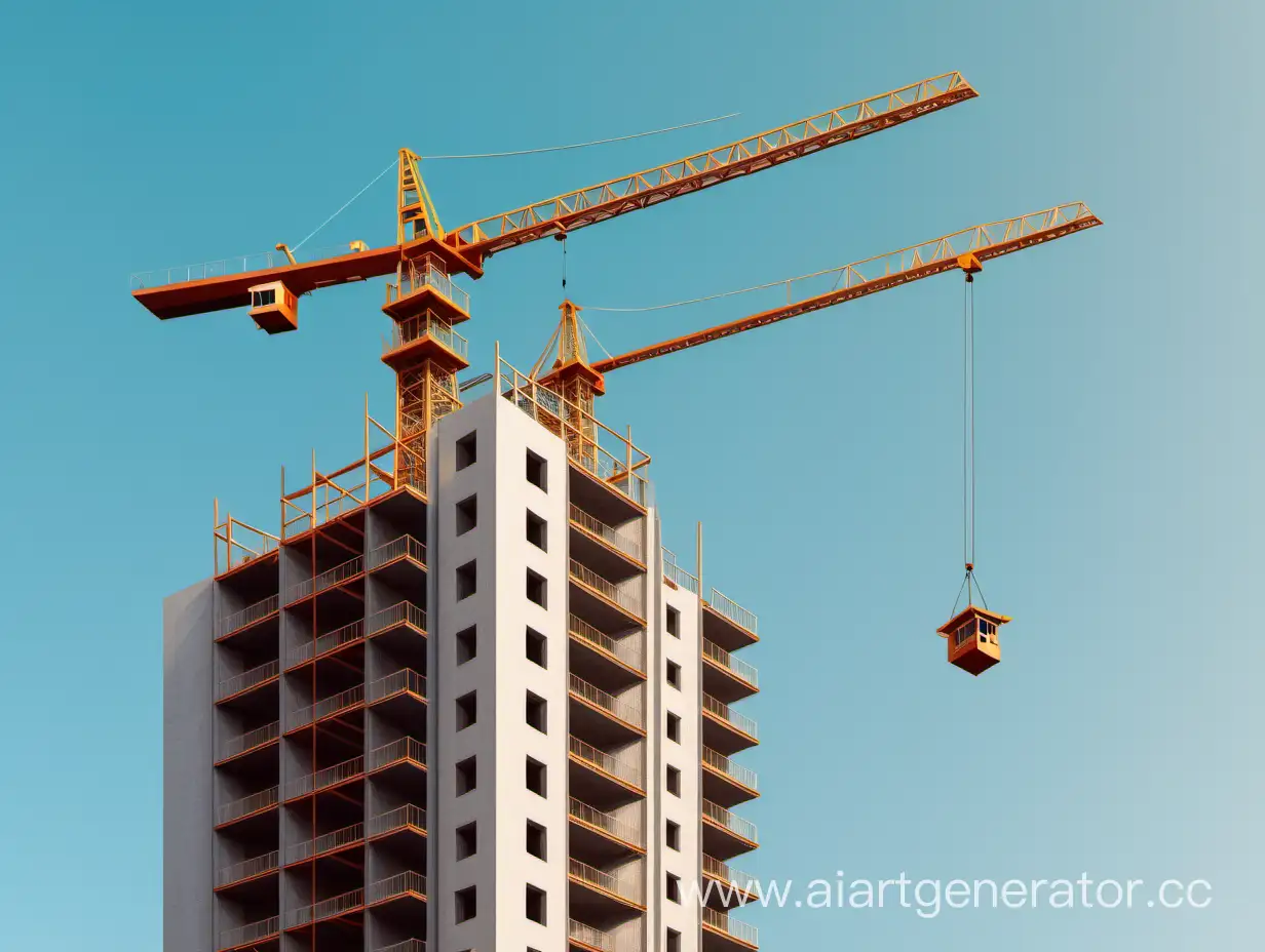 Multi-storey house, on the background of a construction crane, minimalism style, mortgage, loan, without background.