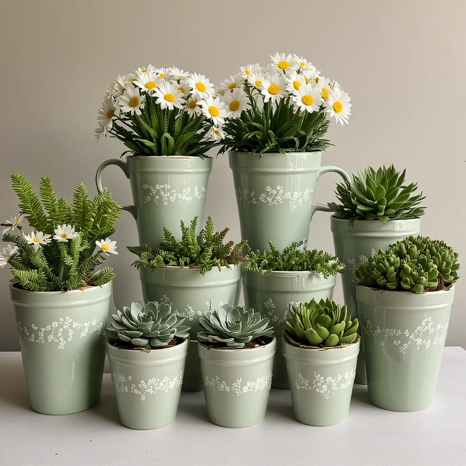 a collection of very large traditional looking coffee cup shapes used as a vase, painted in solid sage green, some are filled with succulents and others are filled with spring daisies for a spring centerpiece collection