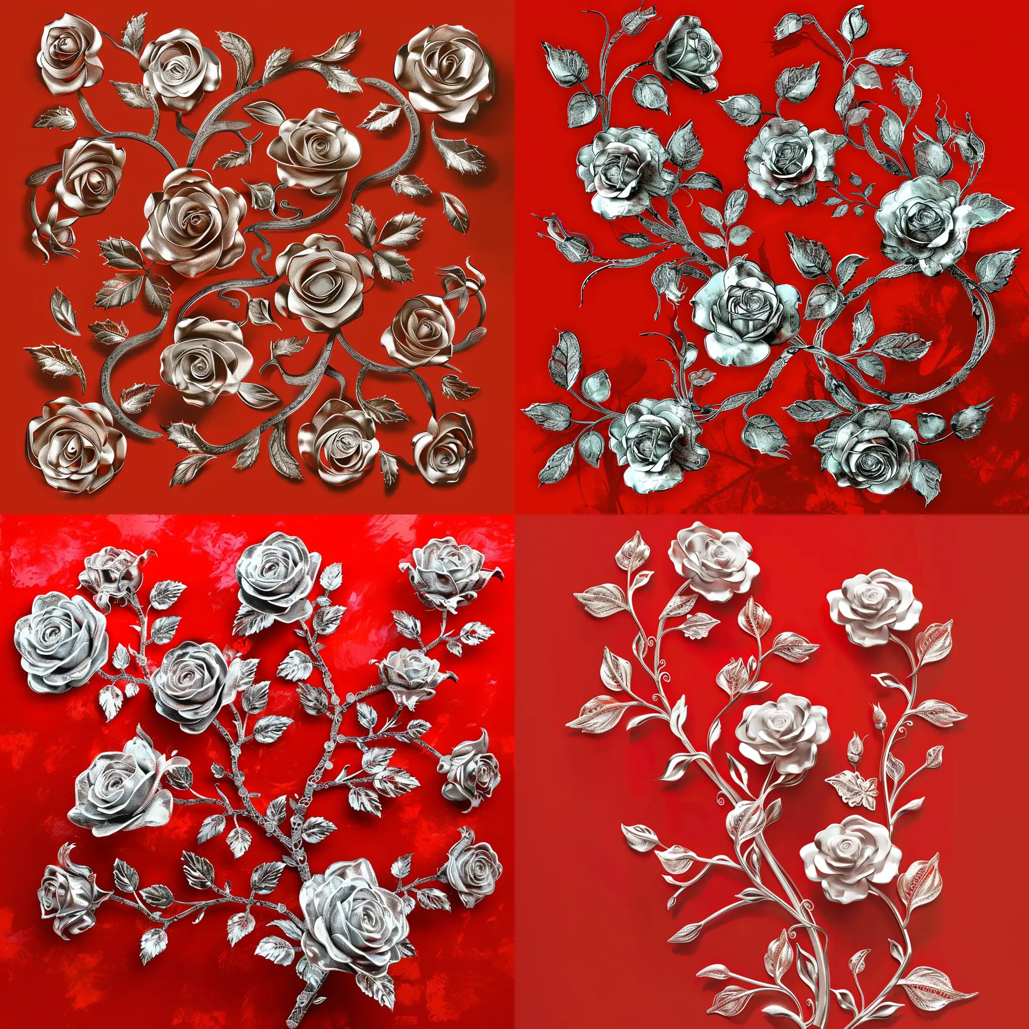 Filigree of silver roses, on a bright red background, clean digital painting