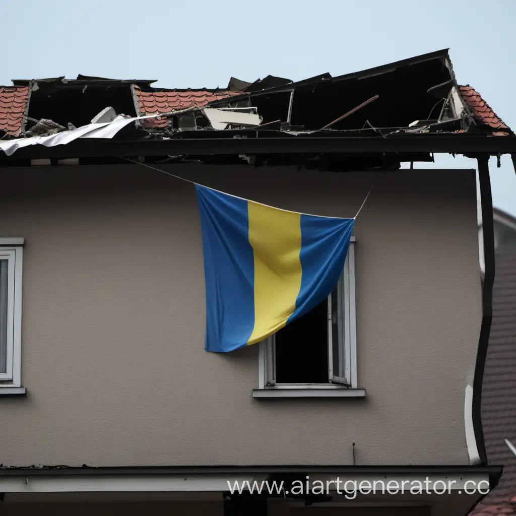 Бомба с самолета падает на дом на котором украинский флаг