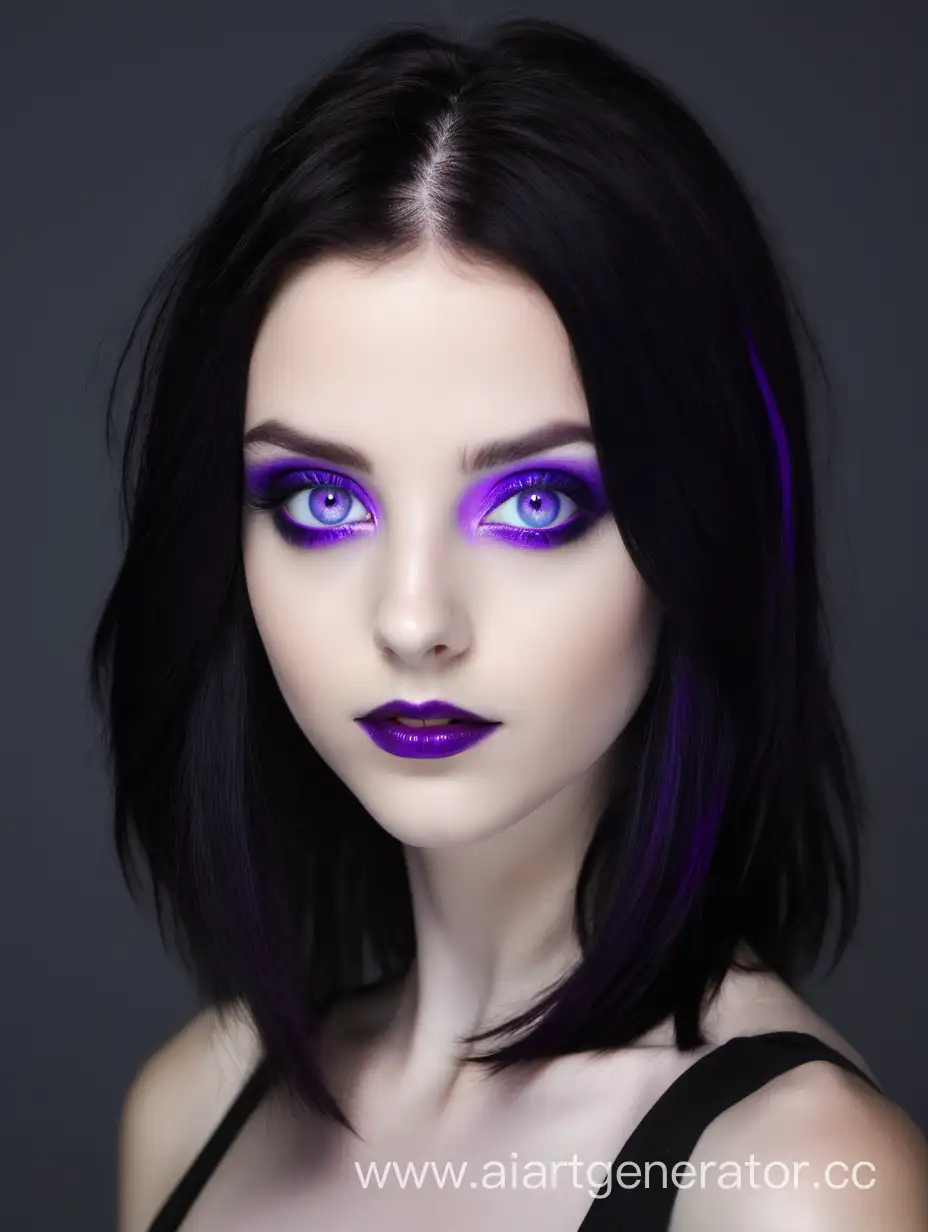 Девушка с черными волосами по плечи и фиолетовыми глазами. Лёгкий макияж