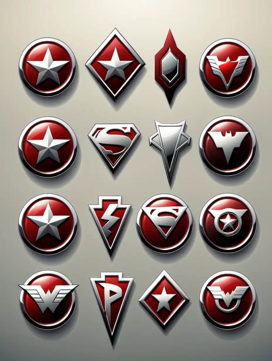 Dynamic Superhero Icons Bold Badges in Deep Red Tones and Chrome