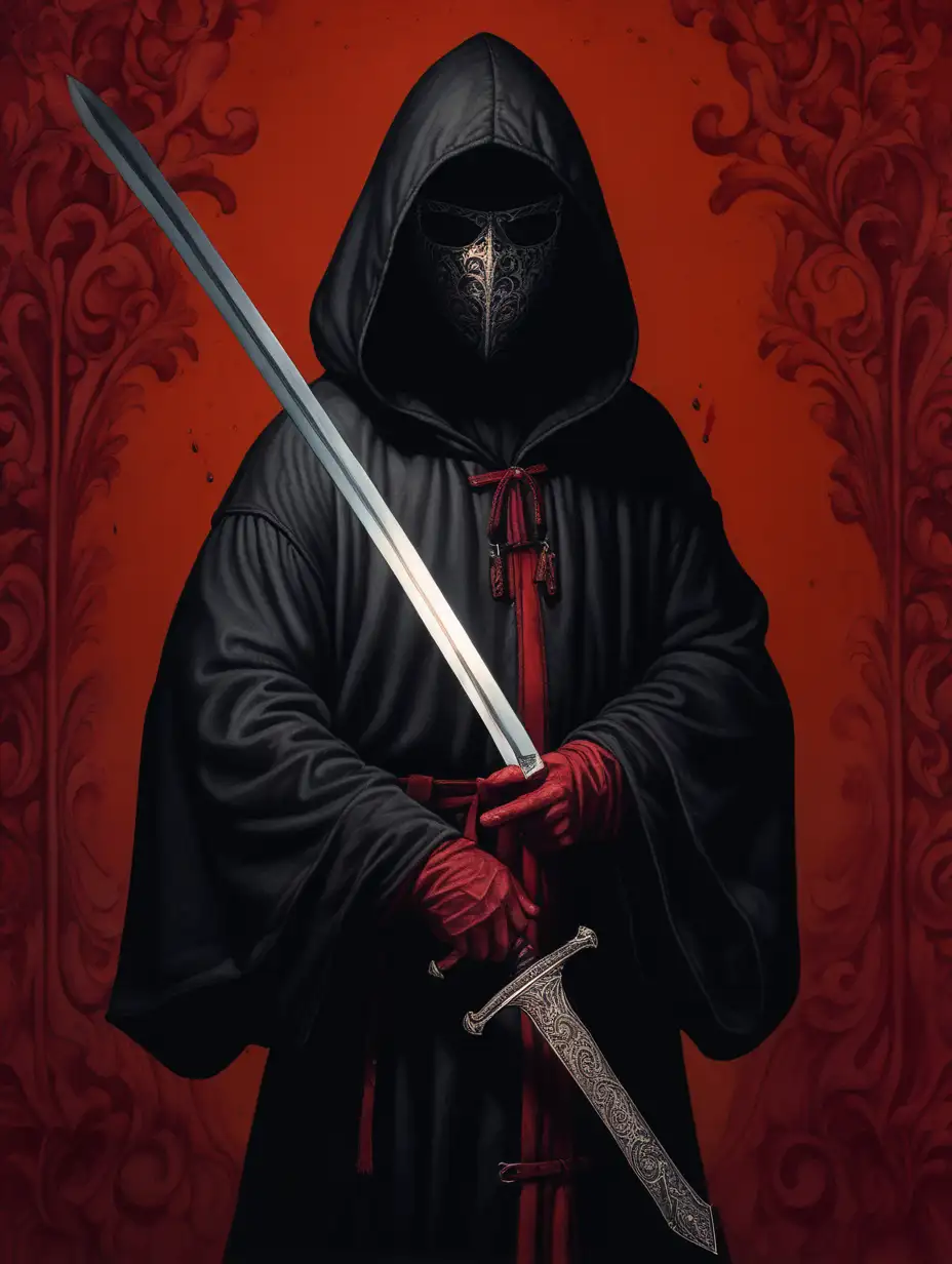Mysterious Warrior in Black Hooded Robe Wielding a Bloody Sword on Renaissance Red Background