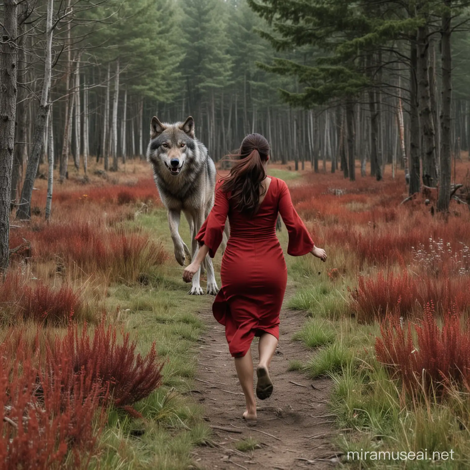 Large muscular grey wolf running away into a forrest , looking back at a woman in a dark red dress standing in a field outside the forrest