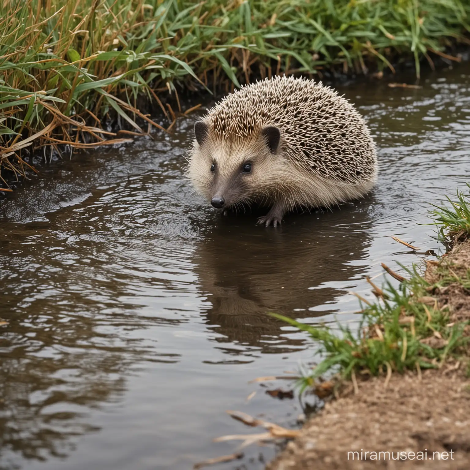 Tranquil River Scene with Hedgehog