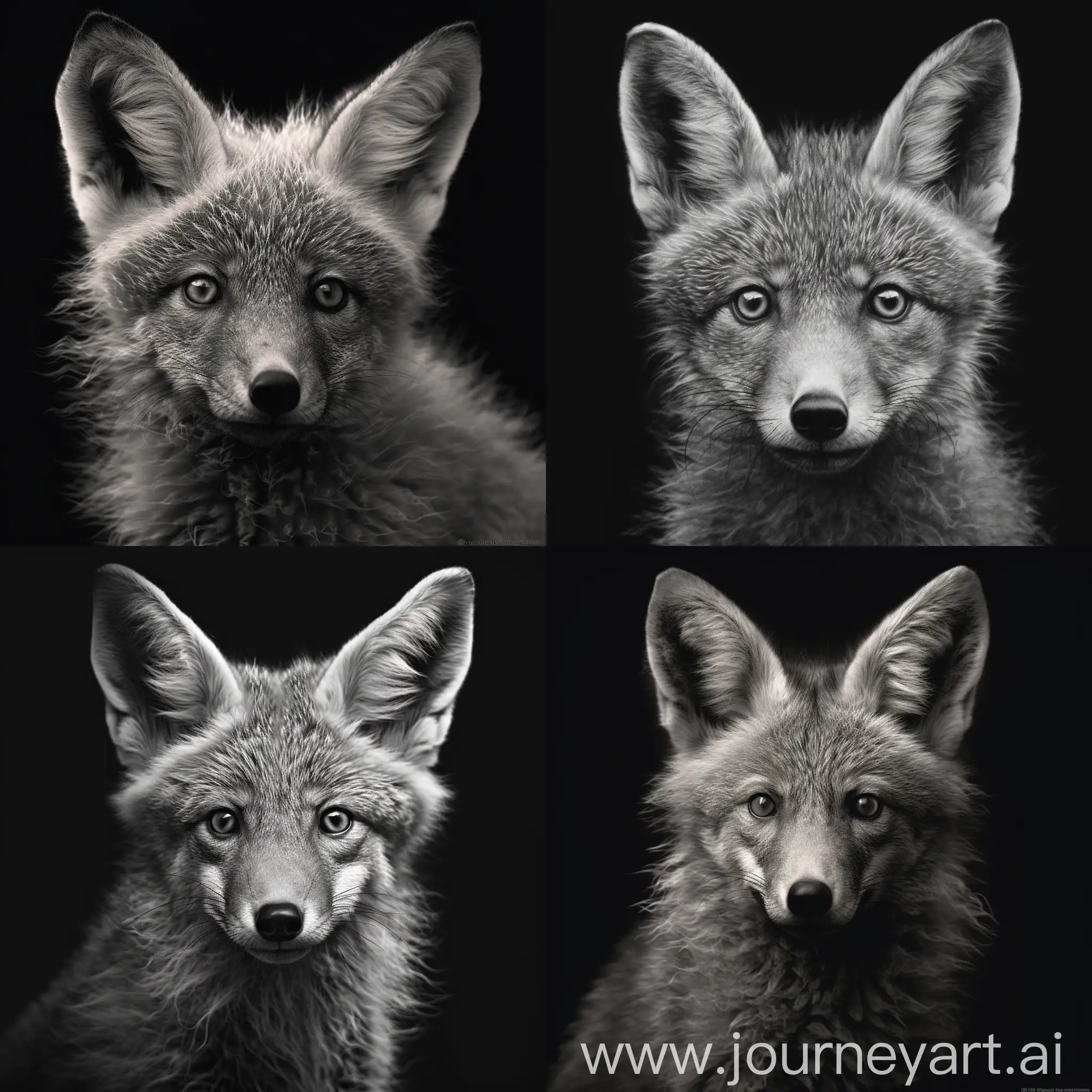 A black and white close-up portrait photograph of a grayscale fox in front of a black background in the style of hyper-realistic photography, intricately detailed photography, black and white photography, UHD photography, 32K, hyperrealism, photorealism, and hyperrealism, captured by a camera --v 5.1