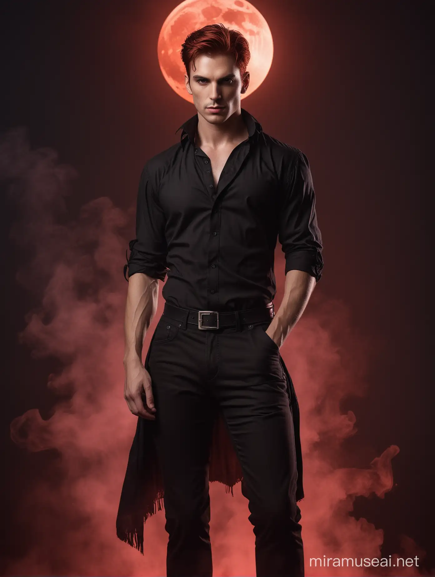 A handsome vampire man that has dark red hair and wearing a black shirt and black fitted pants while looking at the camera intently. The background should be pitch black behind him and a huge red full moon. Below his thigh, there’s a red smoke.