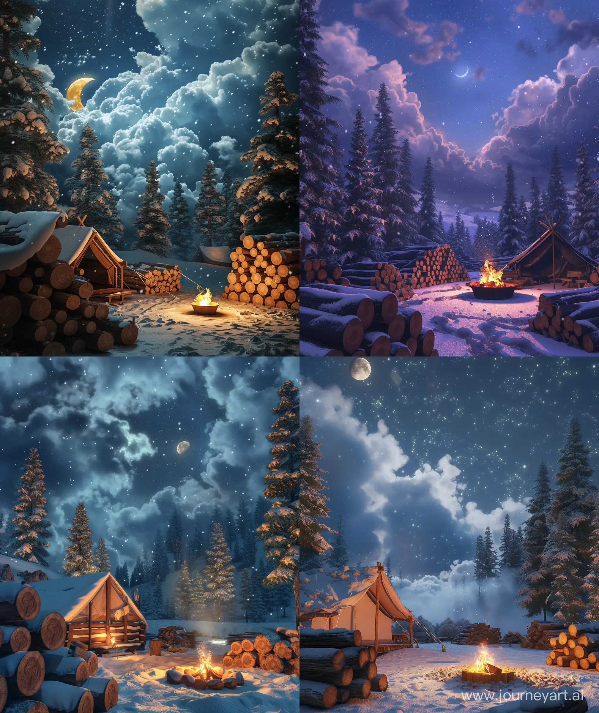 Snowy-Moonlit-Campsite-Cozy-Atmosphere-with-Tent-Fire-Pit-and-Starry-Sky