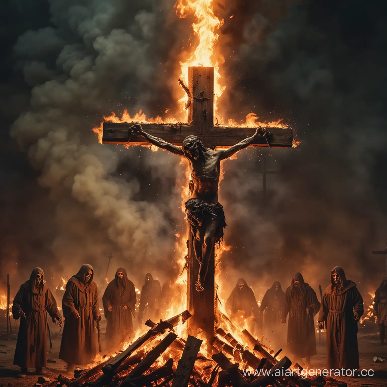 The Antichrist, burning bound souls on a cross in a bonfire
