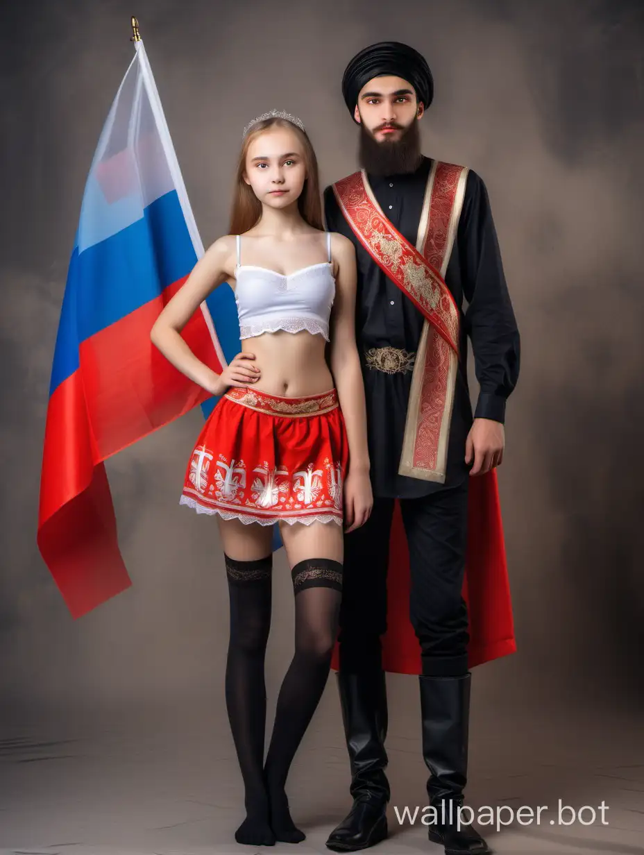 A beautiful 15-year-old Russian girl, in a traditional Russian national costume with a short skirt and a transparent bra, in black stockings, stands next to a young bearded Arab guy. Next to the girl is the flag of Russia. Full-length picture