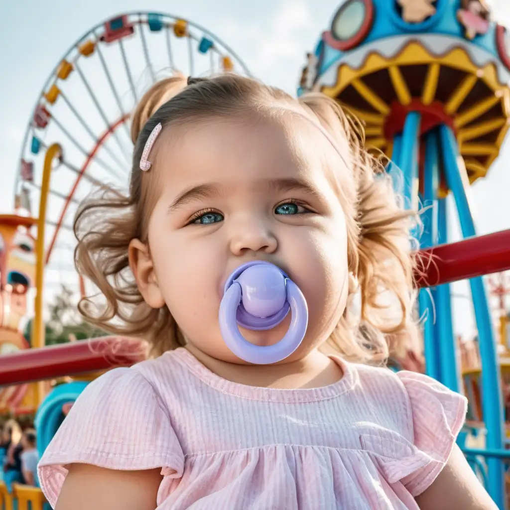 a big girl with a pacifier against the background of an amusement park
