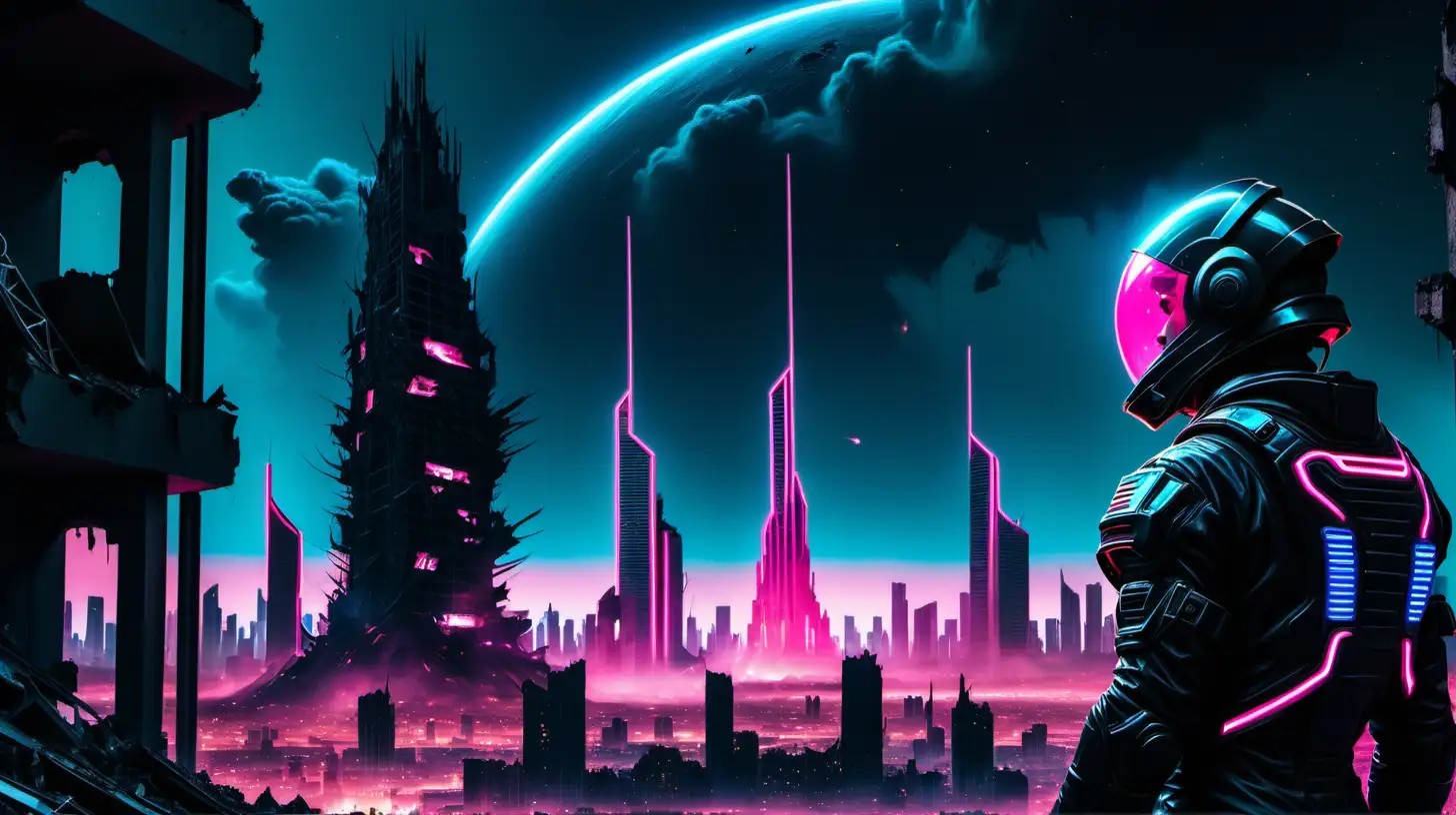 A lone soldier dressed in a sleek black spacesuit stares at the destruction of a futuristic neon city. The city ruins tower above him. The scene has an 80s blue and pink neon ascetic.