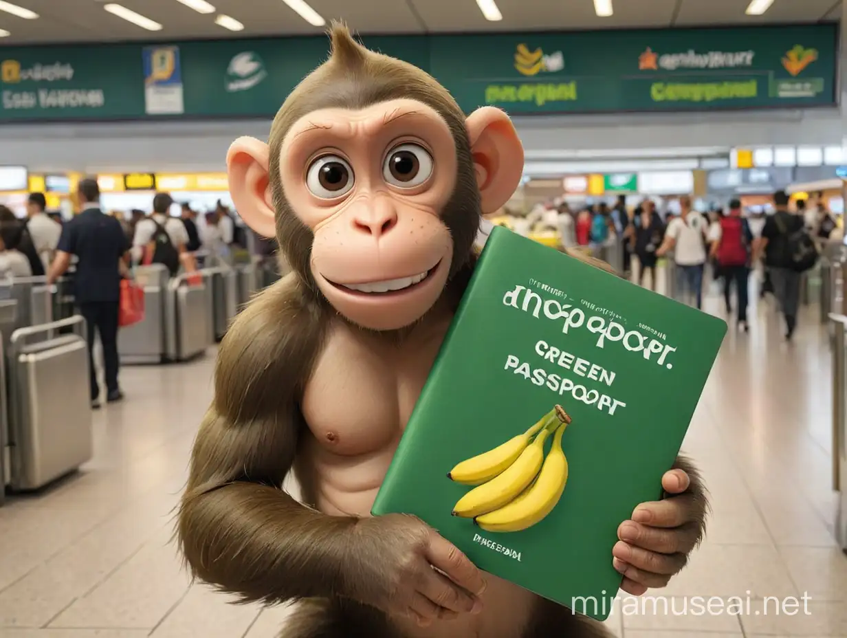 Bald Monkey Purchasing Whopper at Portugal Airport with Giant Green Banana Passport