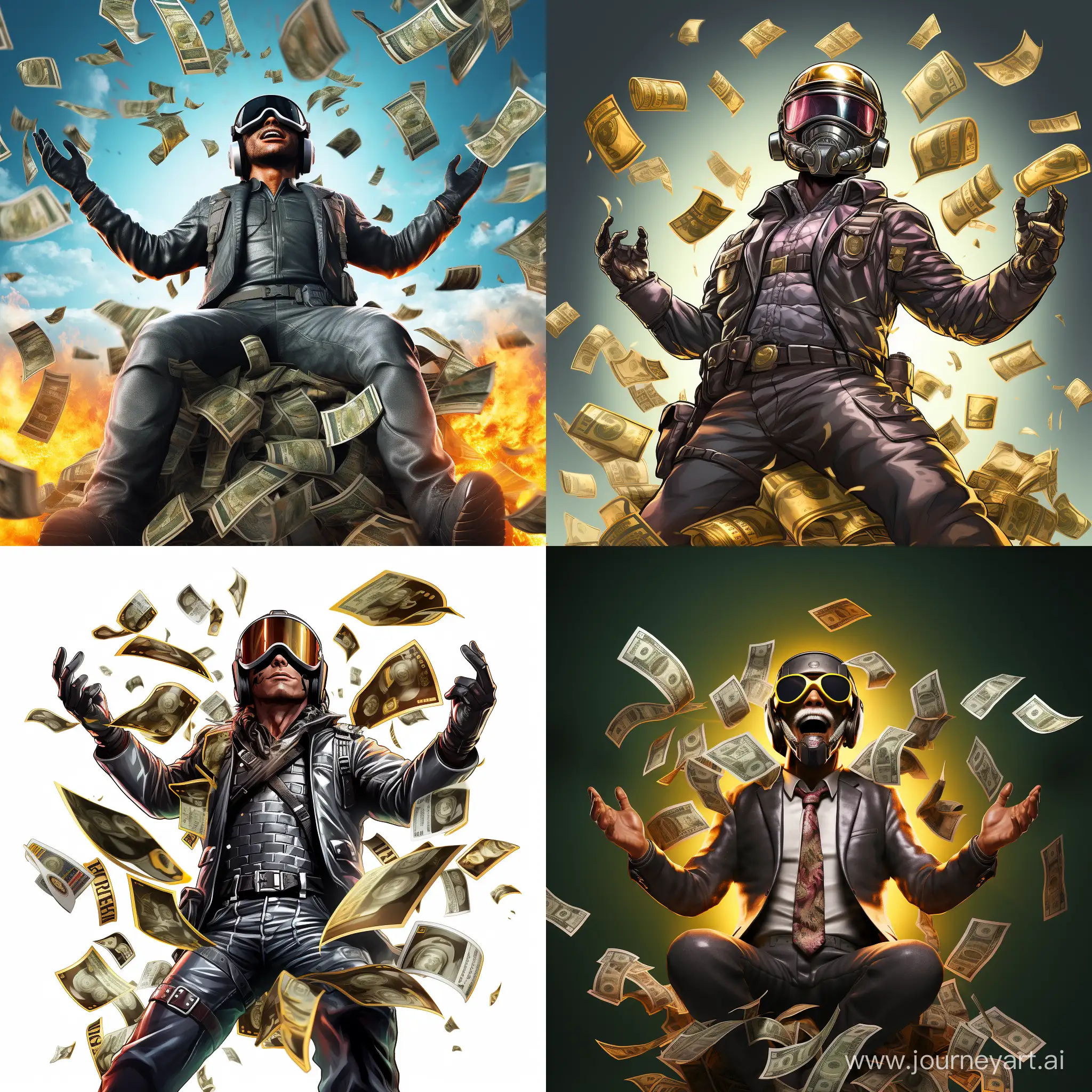 Create an image in which a character in a level 3 body armor and helmet from the game Pubg Mobile stands with a happy face and throws the game currency Unknown Cash and behind him Unknown Cash currency falls from the sky.