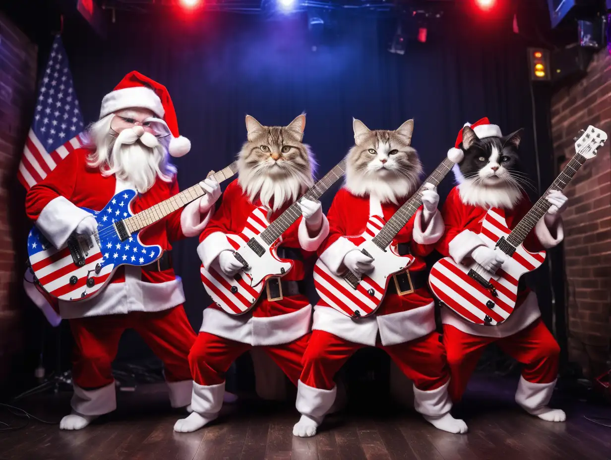 Festive Felines Jamming Cats Playing Stars and Stripes Guitars in Santa Claus Costumes on Nightclub Stage