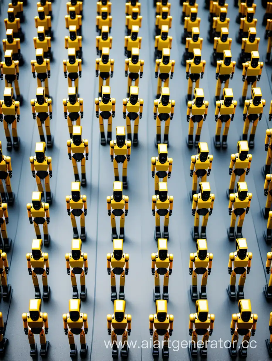 100 маленьких челолвекоподобных роботов желтого и черного цвета один ниже другого которые стоят по убыванию