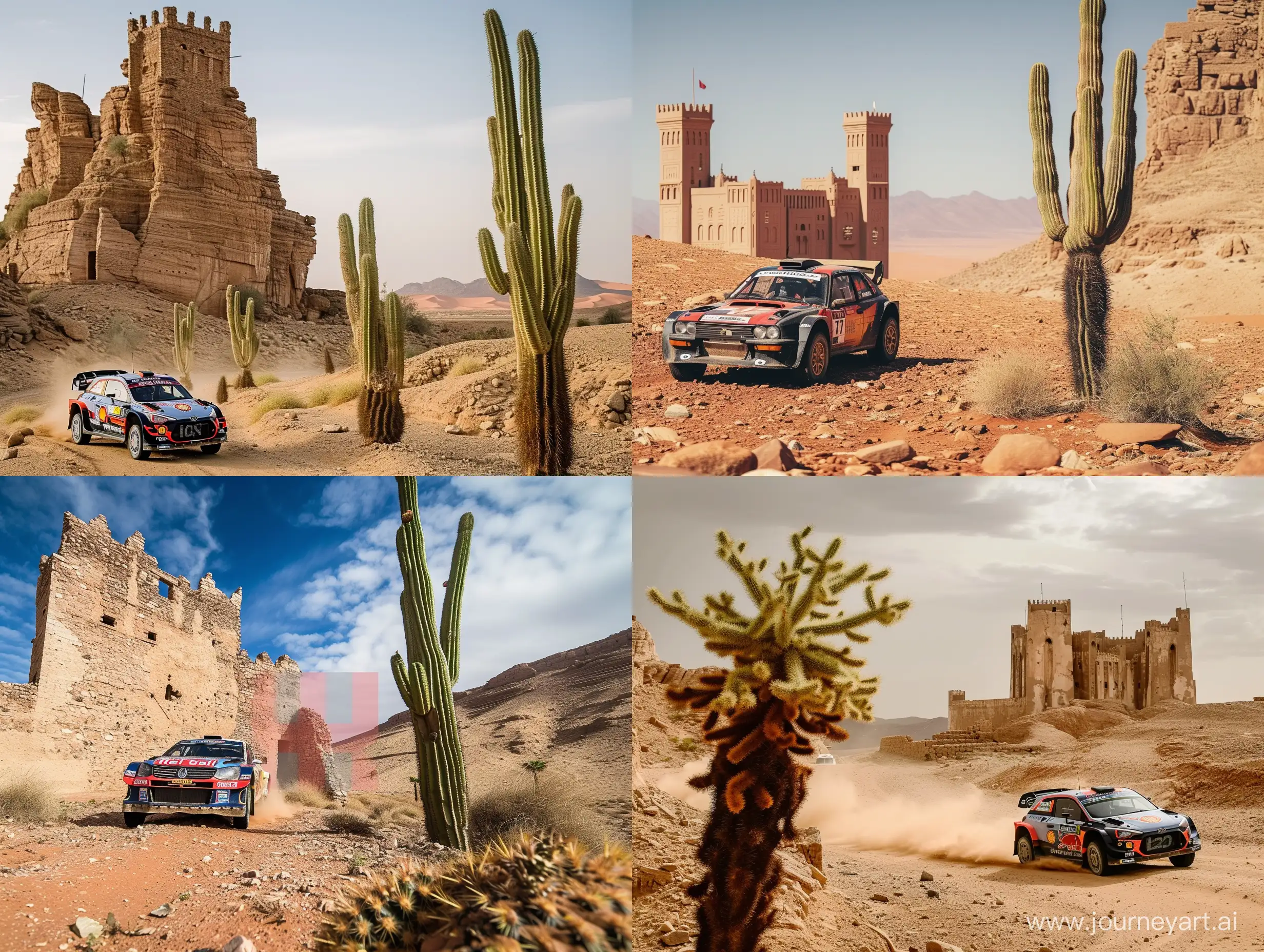 Rally-Car-Racing-Through-Libyan-Desert-Castle-Amid-Cactus-Landscape