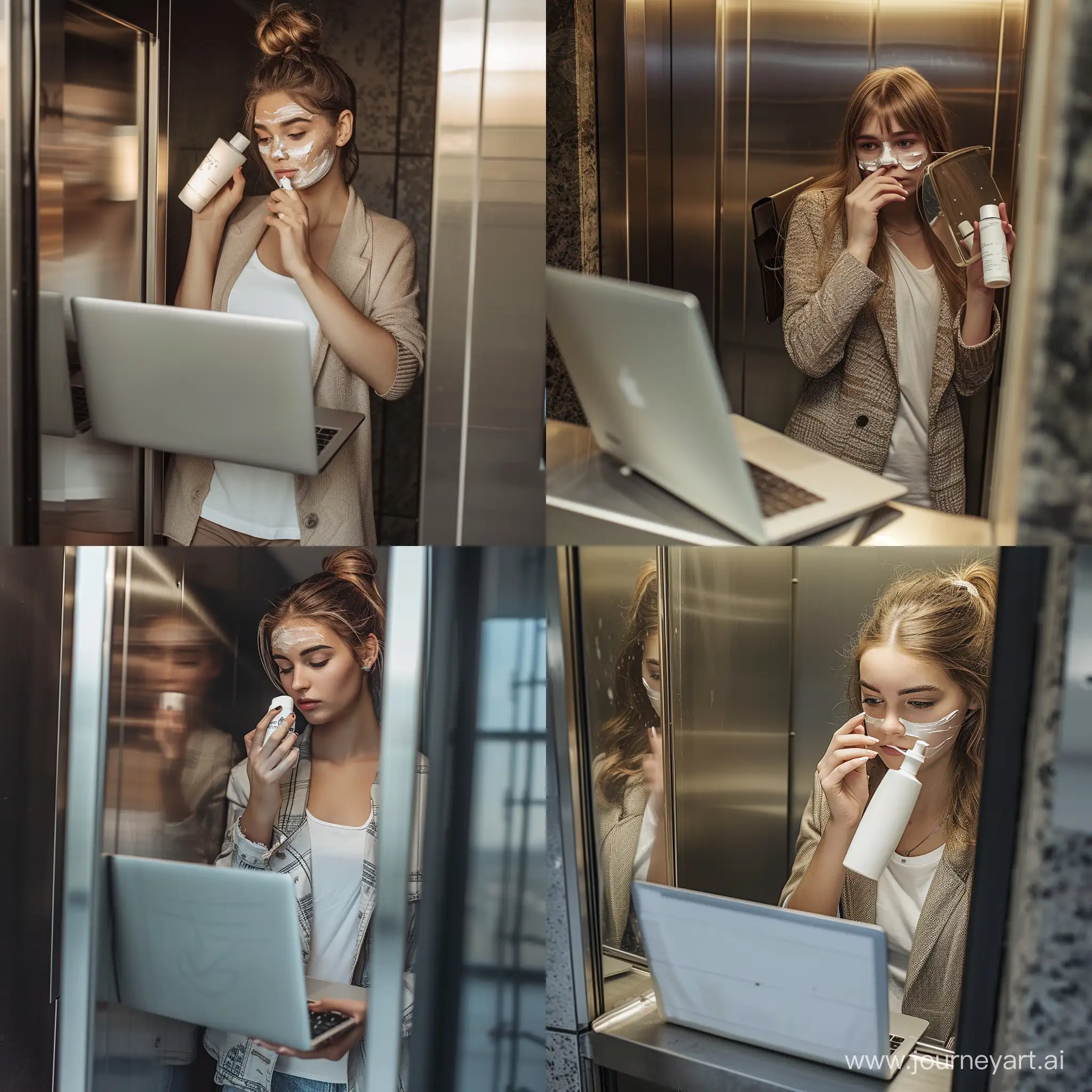 молодая девушка в лифте смотрит в зеркало, в одно руке у нее ноутбук, в другой руке крем для лица, она наносит крем для лица себе на лицо, она одета в одежду стиля casual  