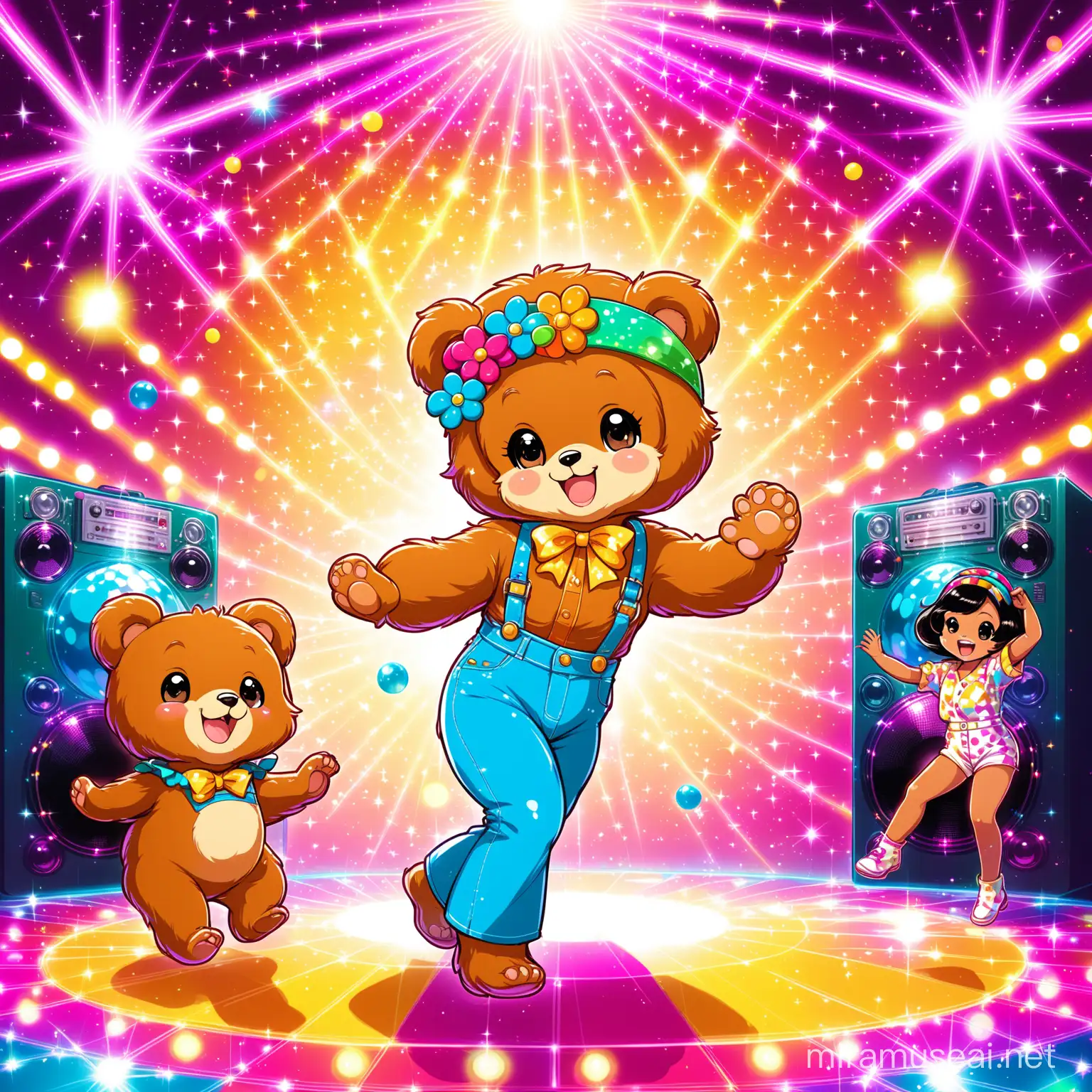 Retro Baby Bear Dancing in Groovy 70s Disco Scene