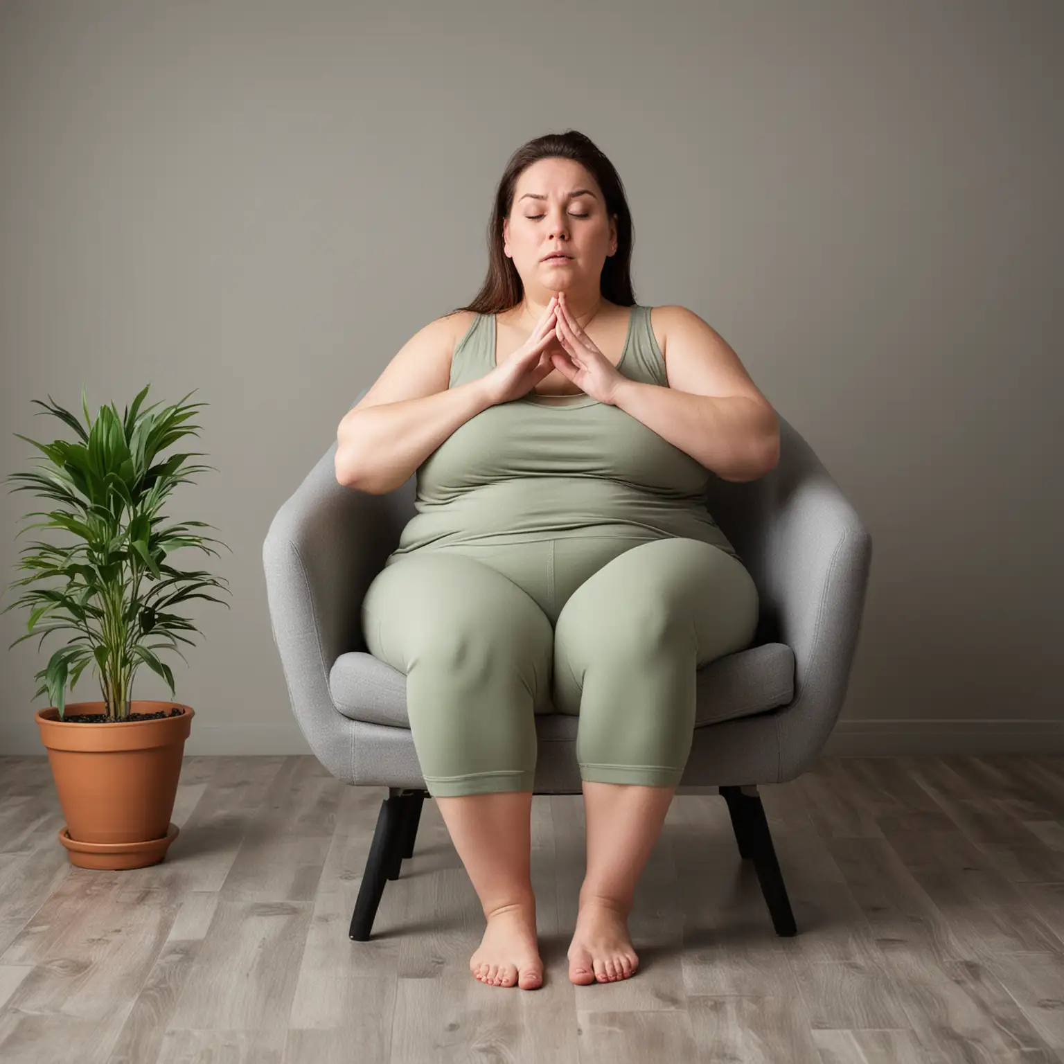 фото креатива : женщина борется с лишним весомона медитирует сидя в кресле  у нее на лице удивление



