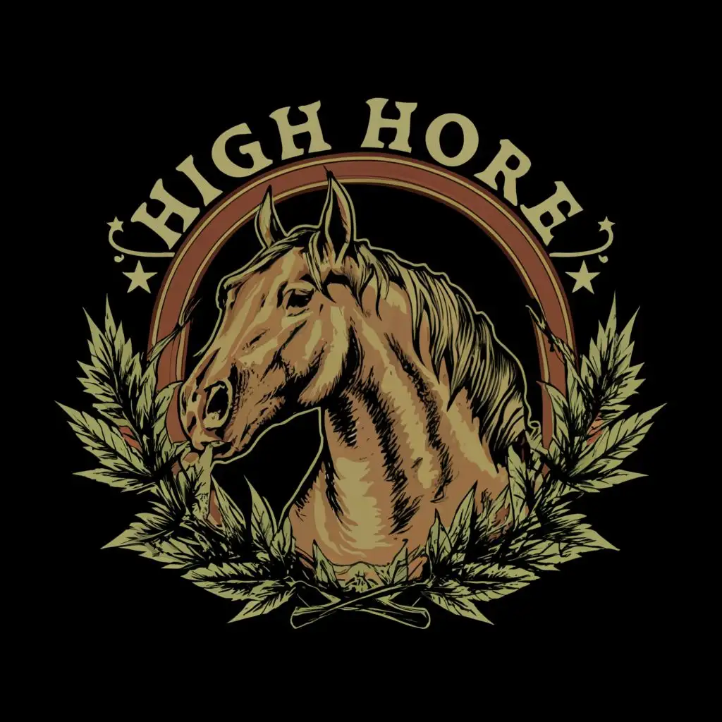 LOGO-Design-For-High-Horse-Majestic-Equine-Silhouette-with-Cannabis-Leaf-Accent-and-Bold-Typography