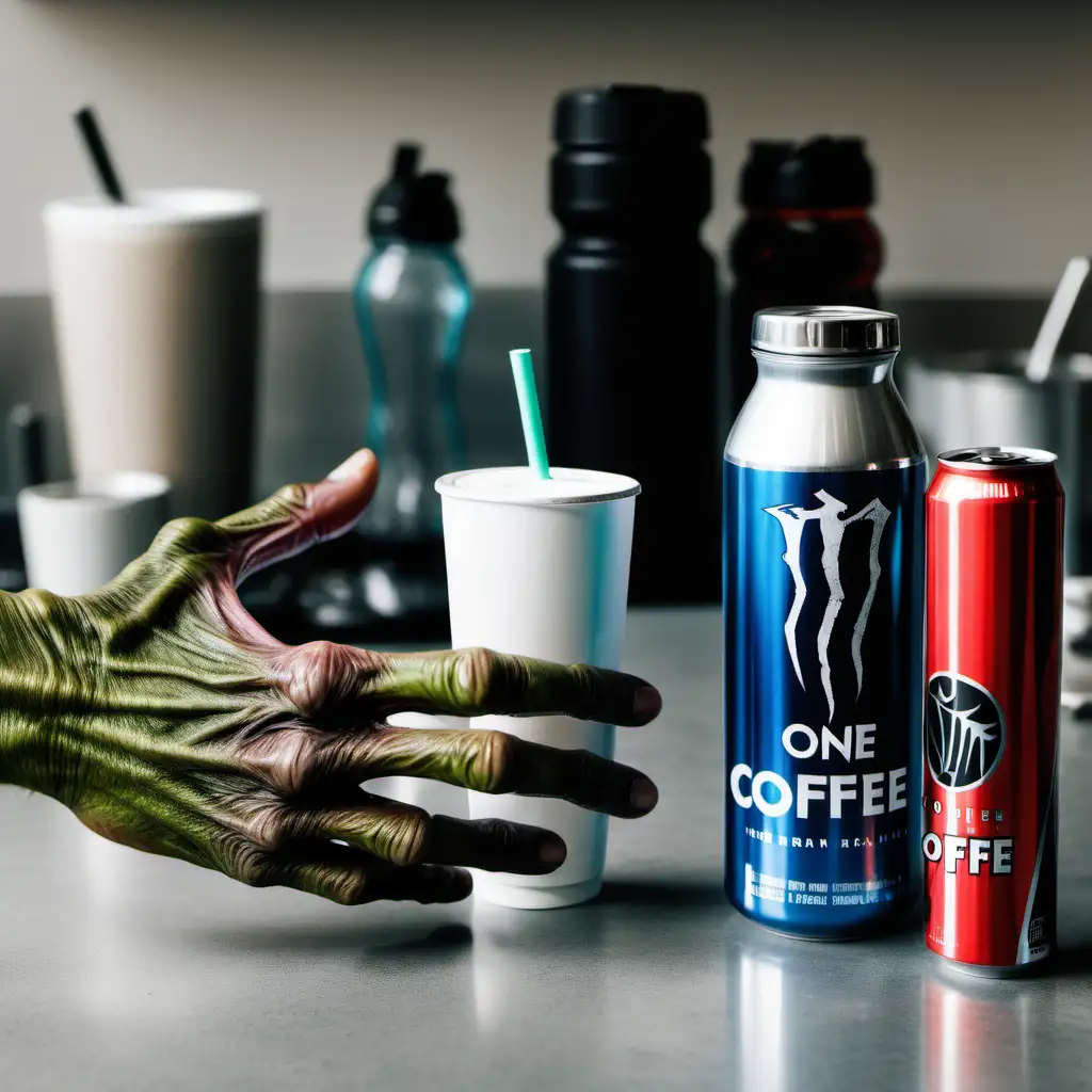one goblin hand reaching for a coffee, a water bottle, and a energy drink on a counter