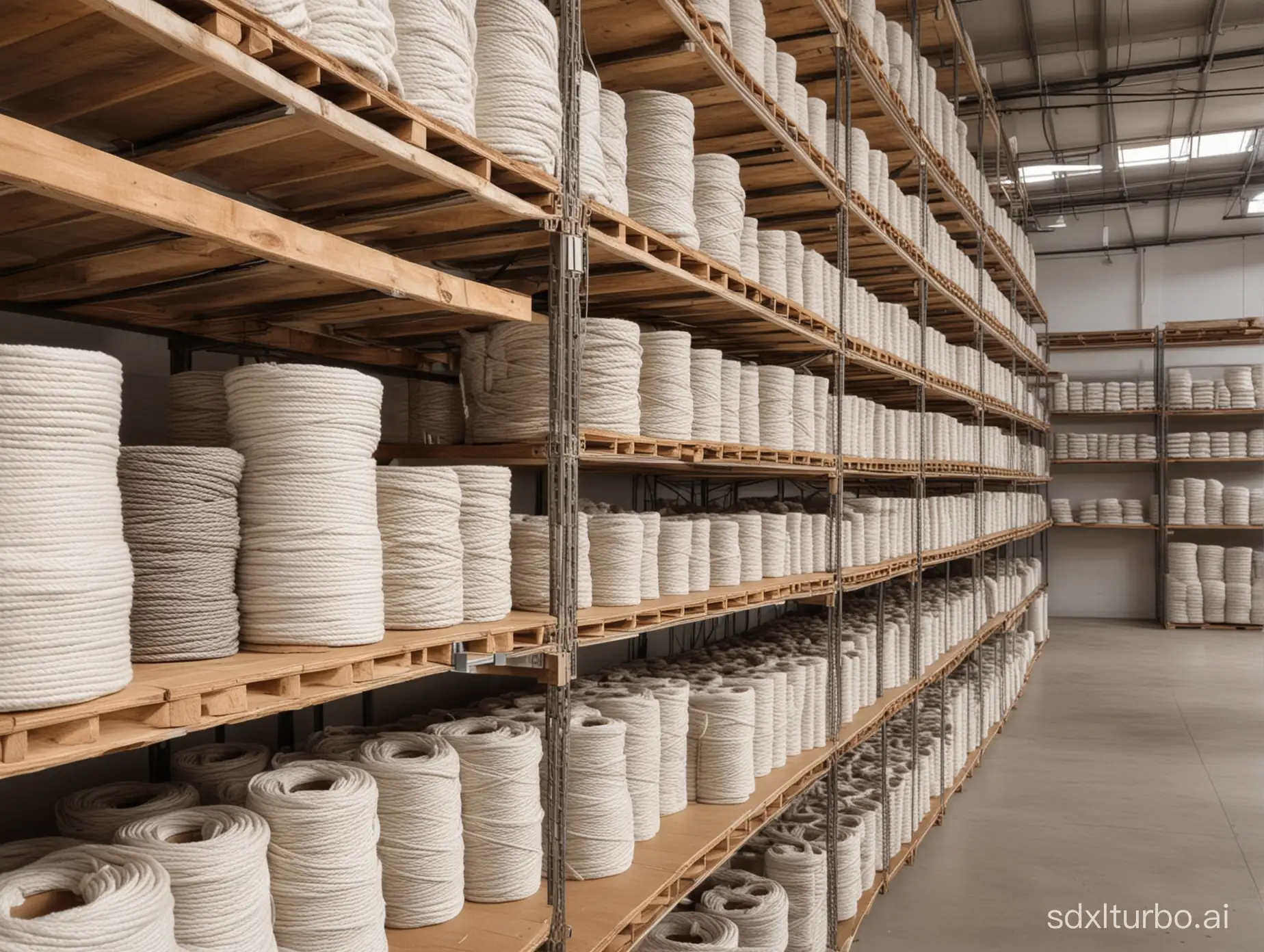 干净明亮的仓库中，货架上整齐摆放着棉绳卷，环保，温暖