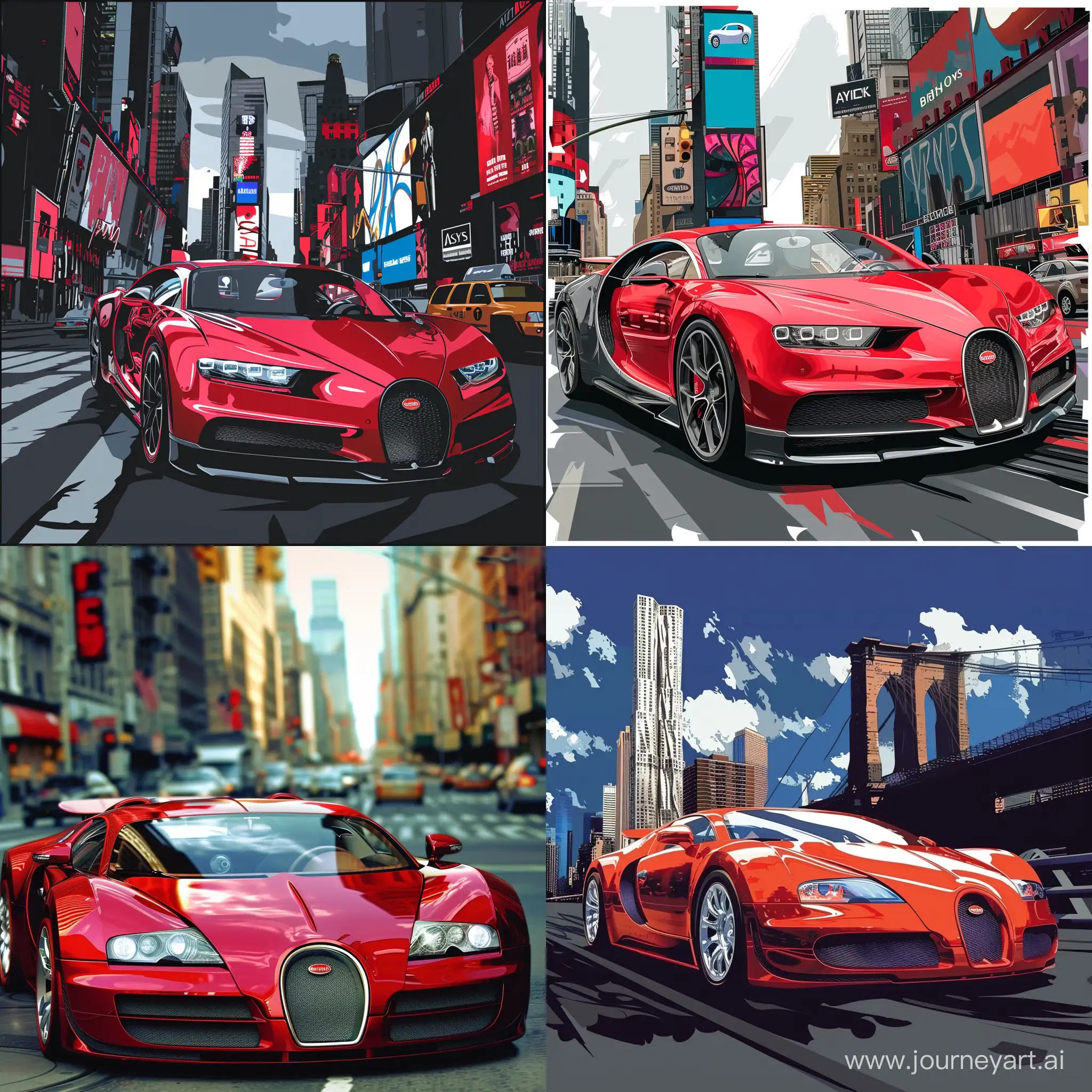 game Logo:beautiful bugatti red car animation, in New York city