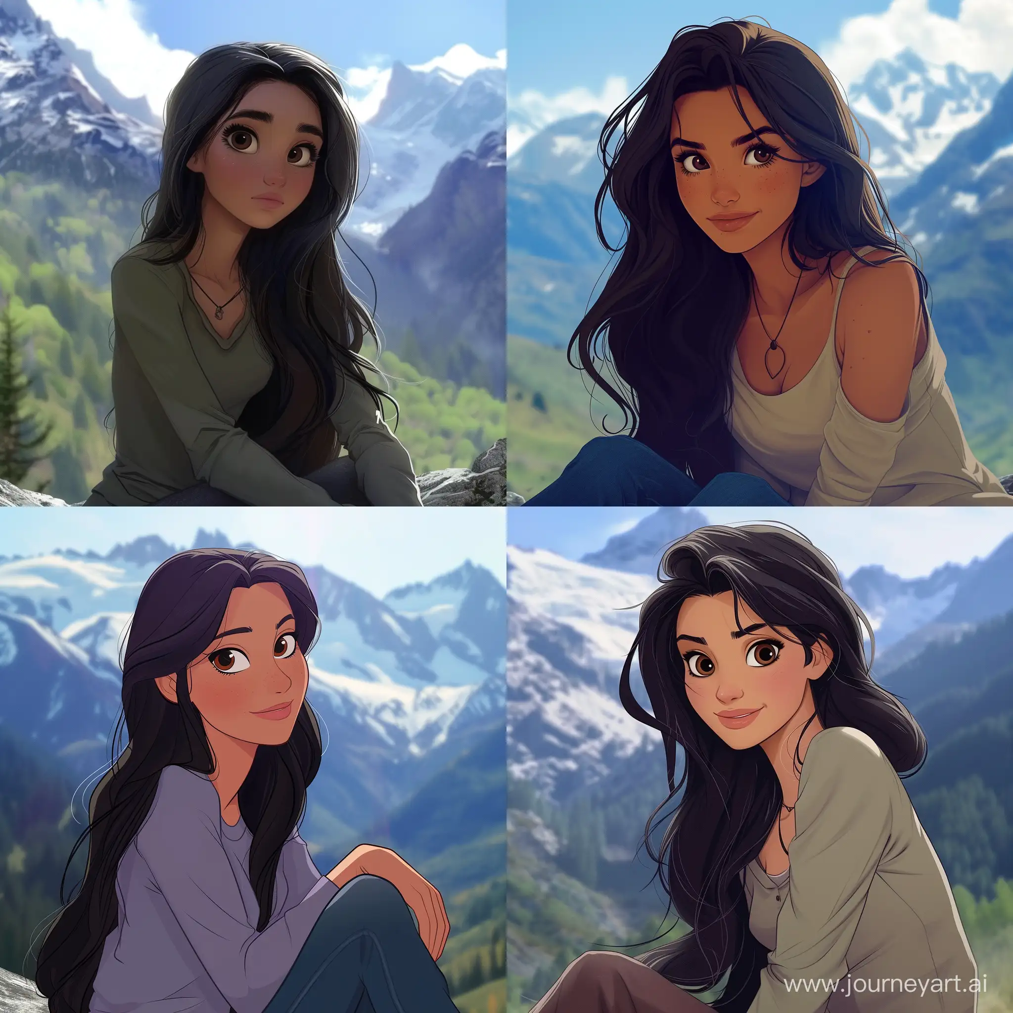 Disney pixar style, a young woman with long dark hair and brown eyes sitting near mountains