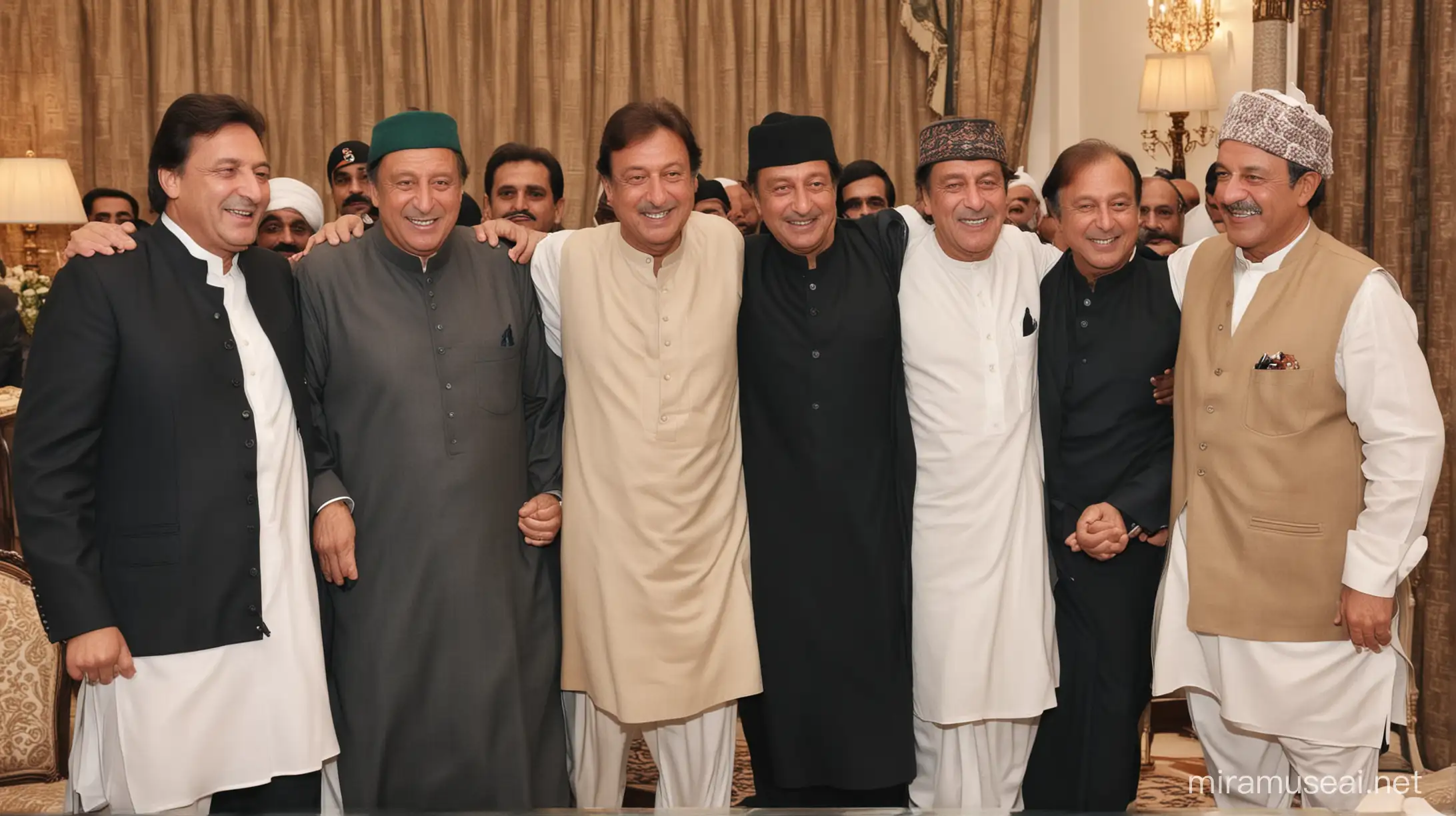 Army Chief of Pakistan General Asim Munir hugging former Prime Minister of Pakistan Imran Khan is celebrating Eid while Pakistan President Asif Ali Zardari, PML-N chief Mian Nawaz Sharif, Maulana Fazlur Rehman and Mohsin Naqvi are also standing and smiling.