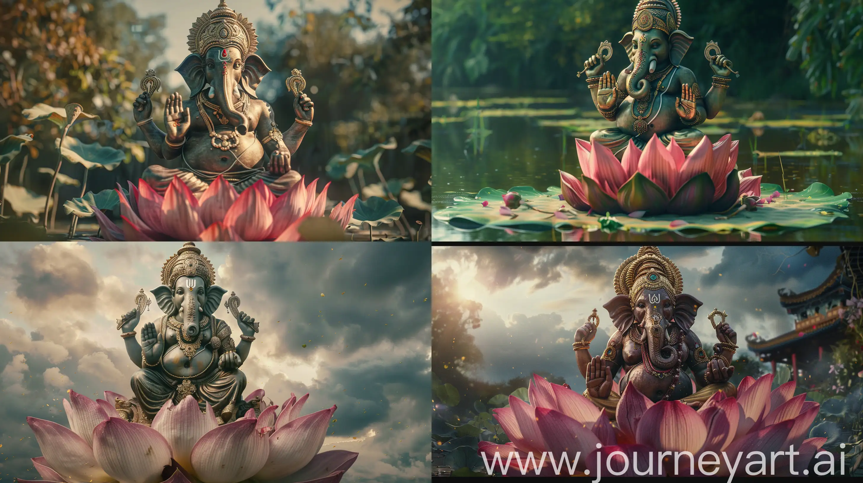 cinematic,ultra realist God GANESHA sitting on a giant lotus flower, canon k35 prime lenses, 70mm, --ar 16:9 --style raw