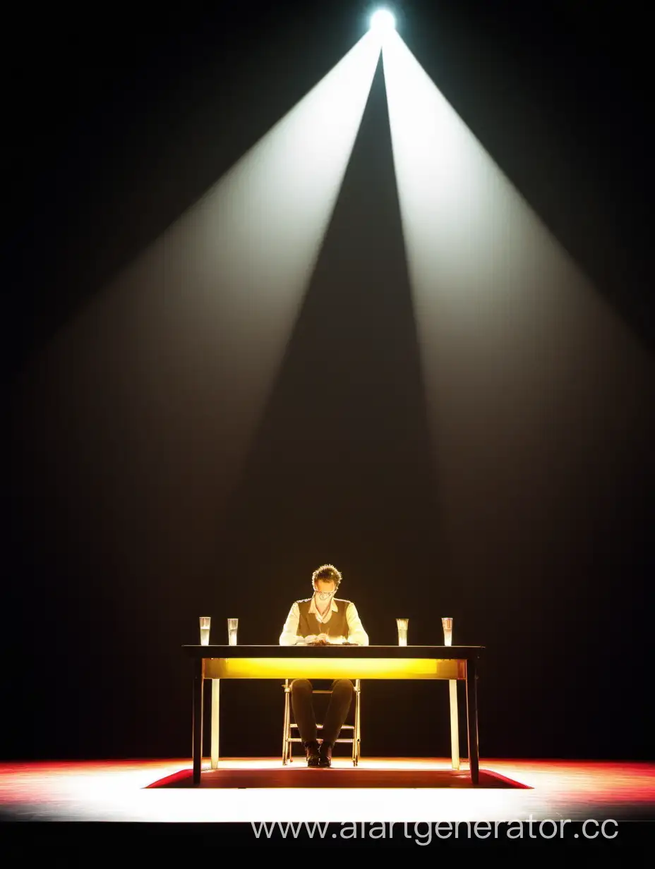 a person at a table on the stage is illuminated by light